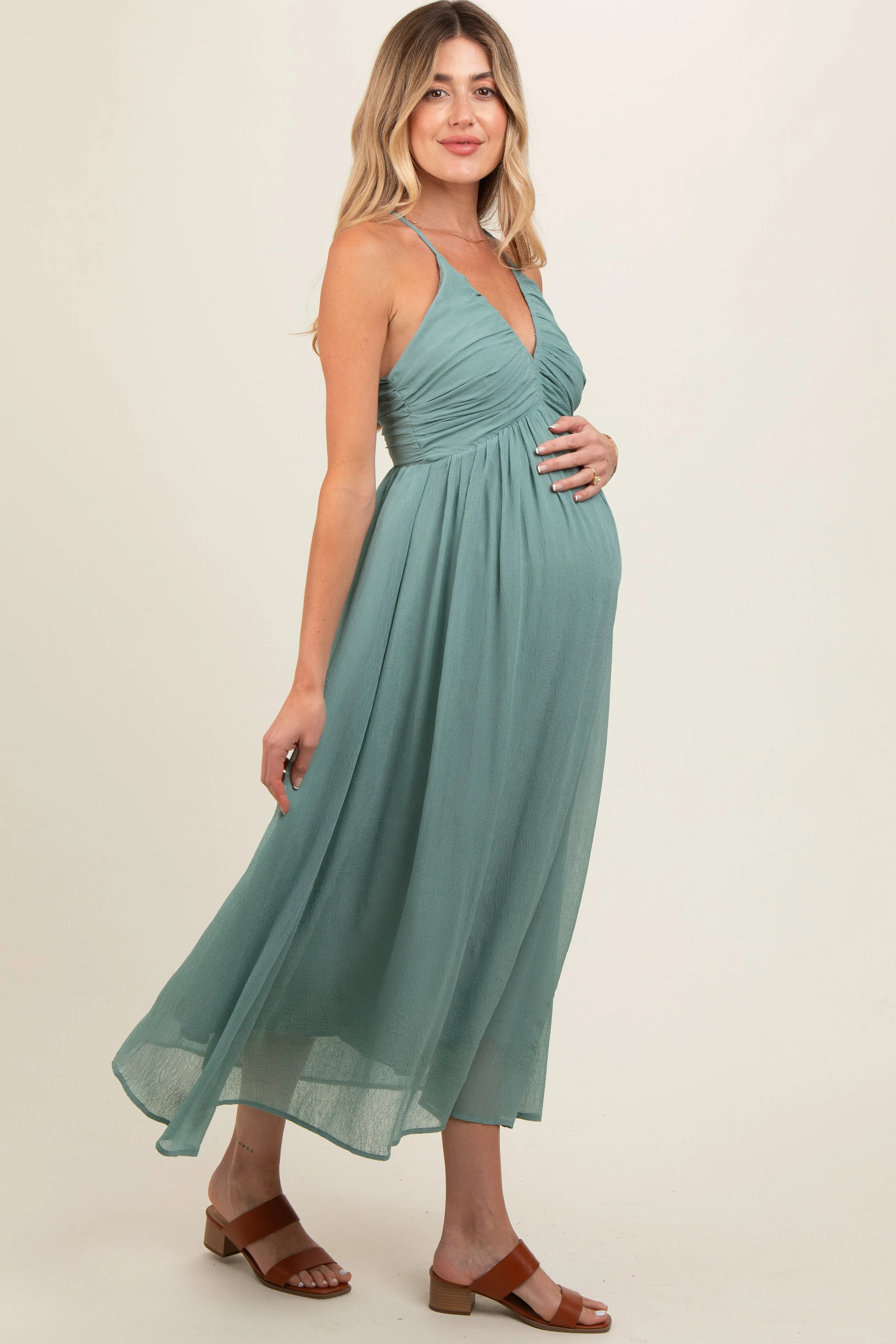 Sage Ruched V-Neck Maternity Midi Dress sold by Pinkblush product image thumbnail 3