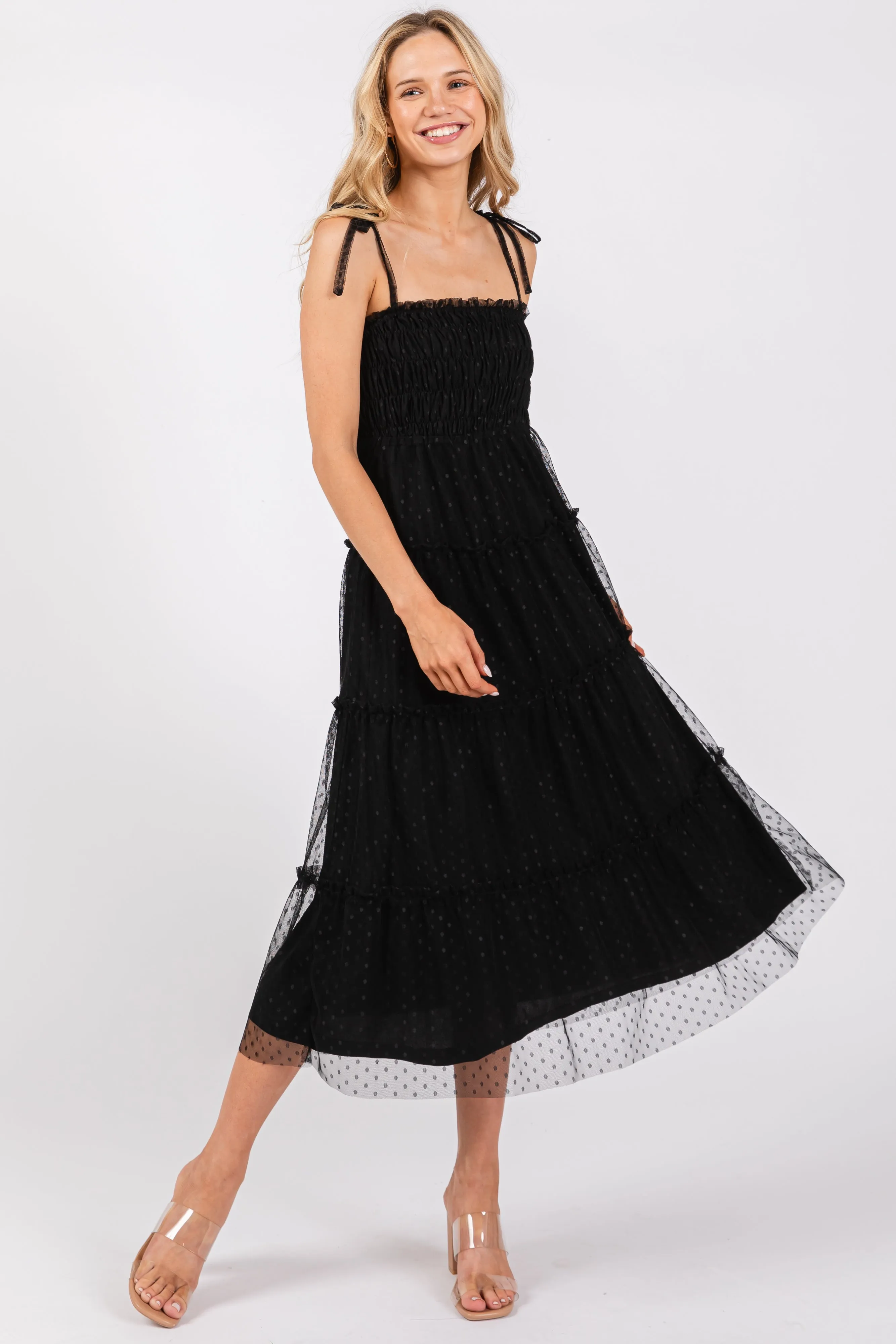 Black Smocked Polka Dot Mesh Shoulder Tie Midi Dress sold by Pinkblush