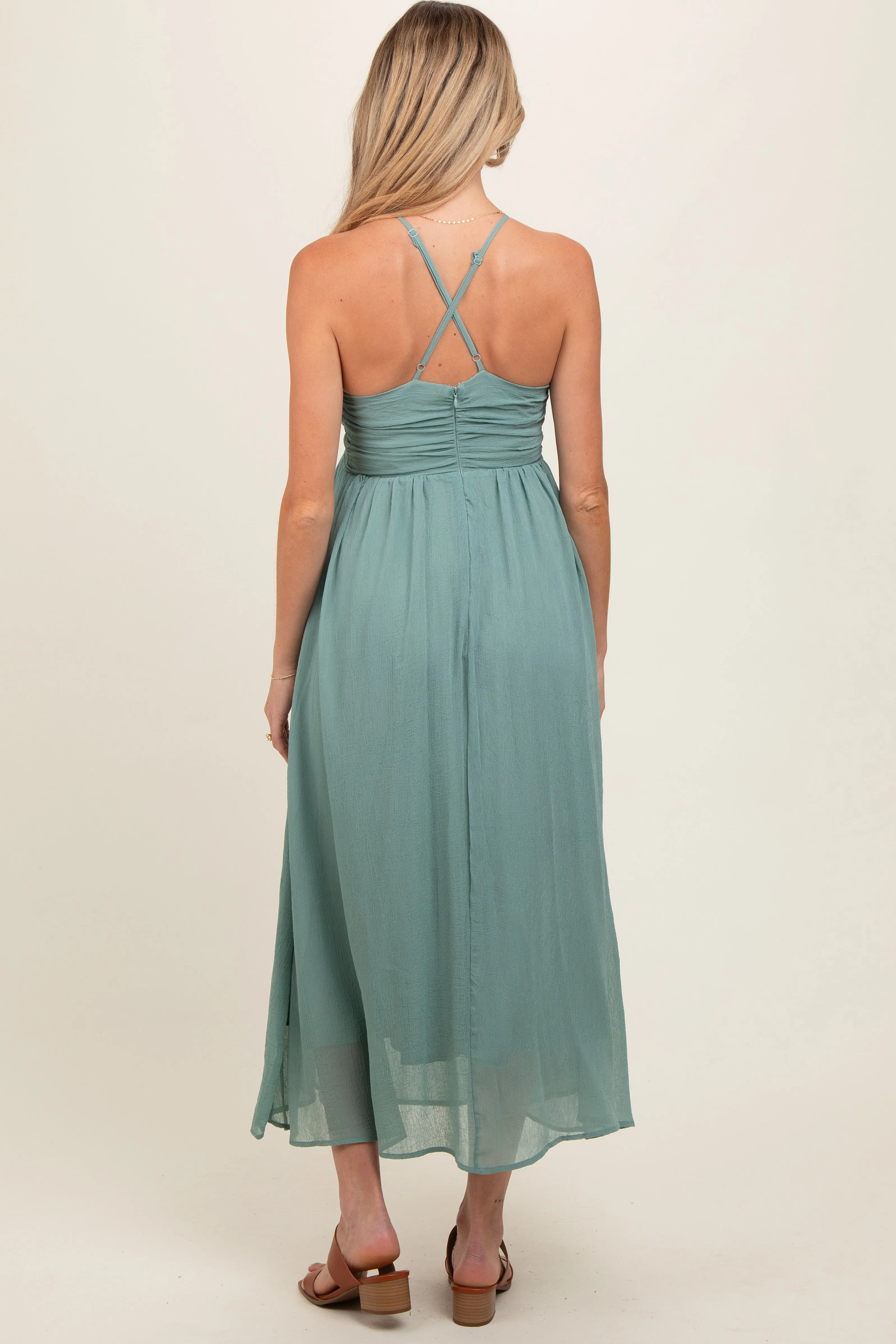 Sage Ruched V-Neck Maternity Midi Dress sold by Pinkblush product image thumbnail 4