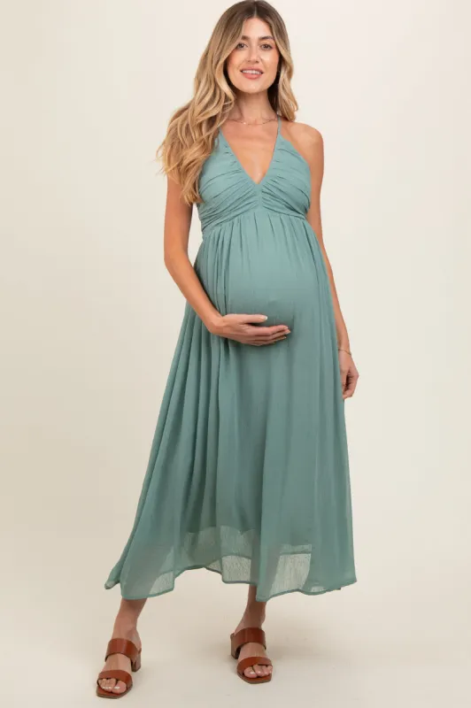 Sage Ruched V-Neck Maternity Midi Dress sold by Pinkblush