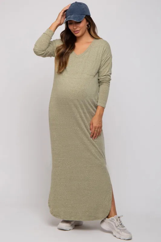 Light Olive Heathered Pocketed Long Sleeve Maternity Maxi Dress sold by Pinkblush