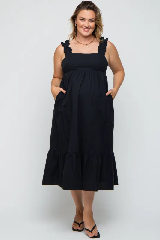 Black Ruffle Strap Back Tie Maternity Plus Midi Dress sold by Pinkblush