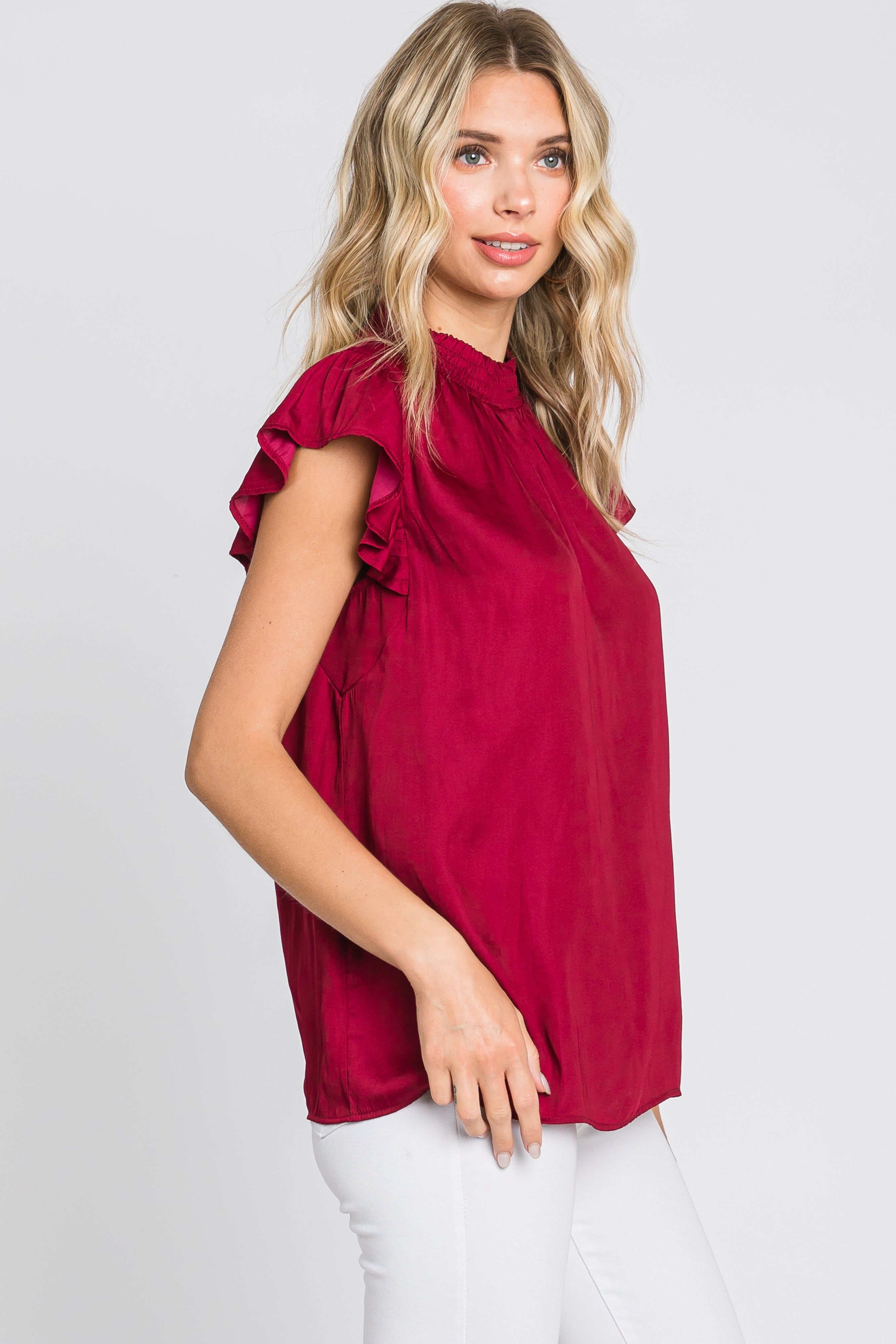 Burgundy Mock Neck Flutter Blouse sold by Pinkblush product image thumbnail 2