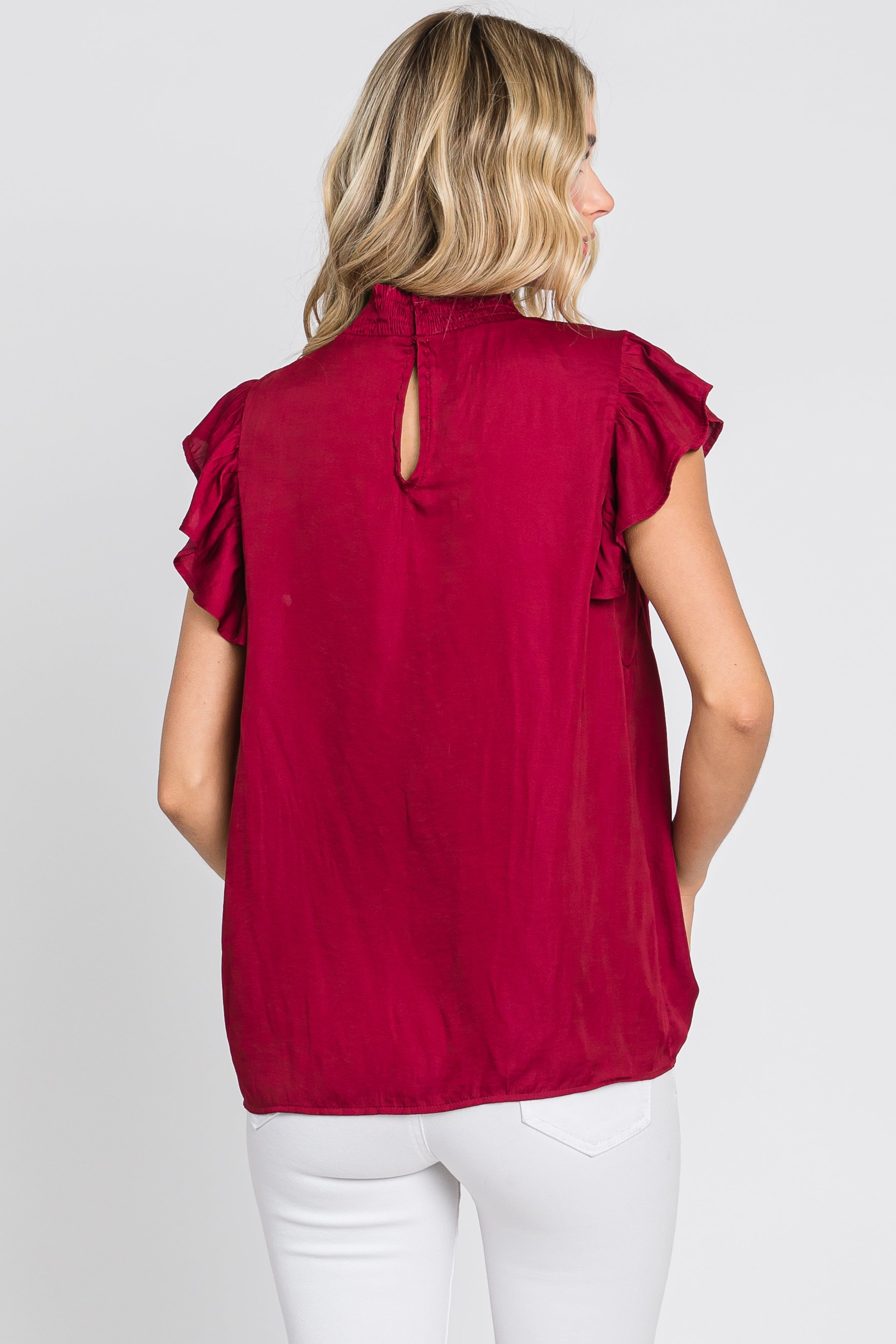 Burgundy Mock Neck Flutter Blouse sold by Pinkblush product image thumbnail 3