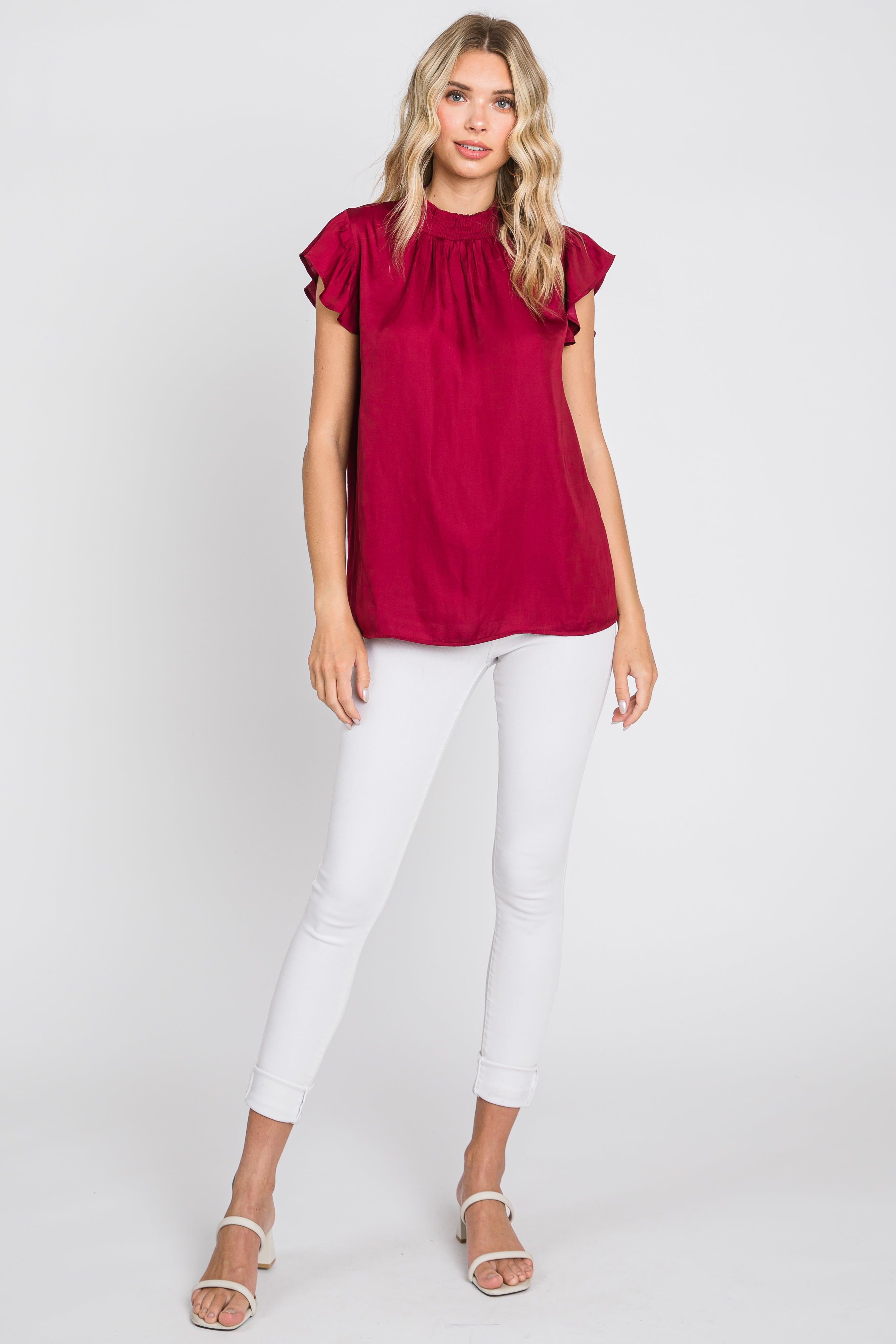 Burgundy Mock Neck Flutter Blouse sold by Pinkblush product image thumbnail 4