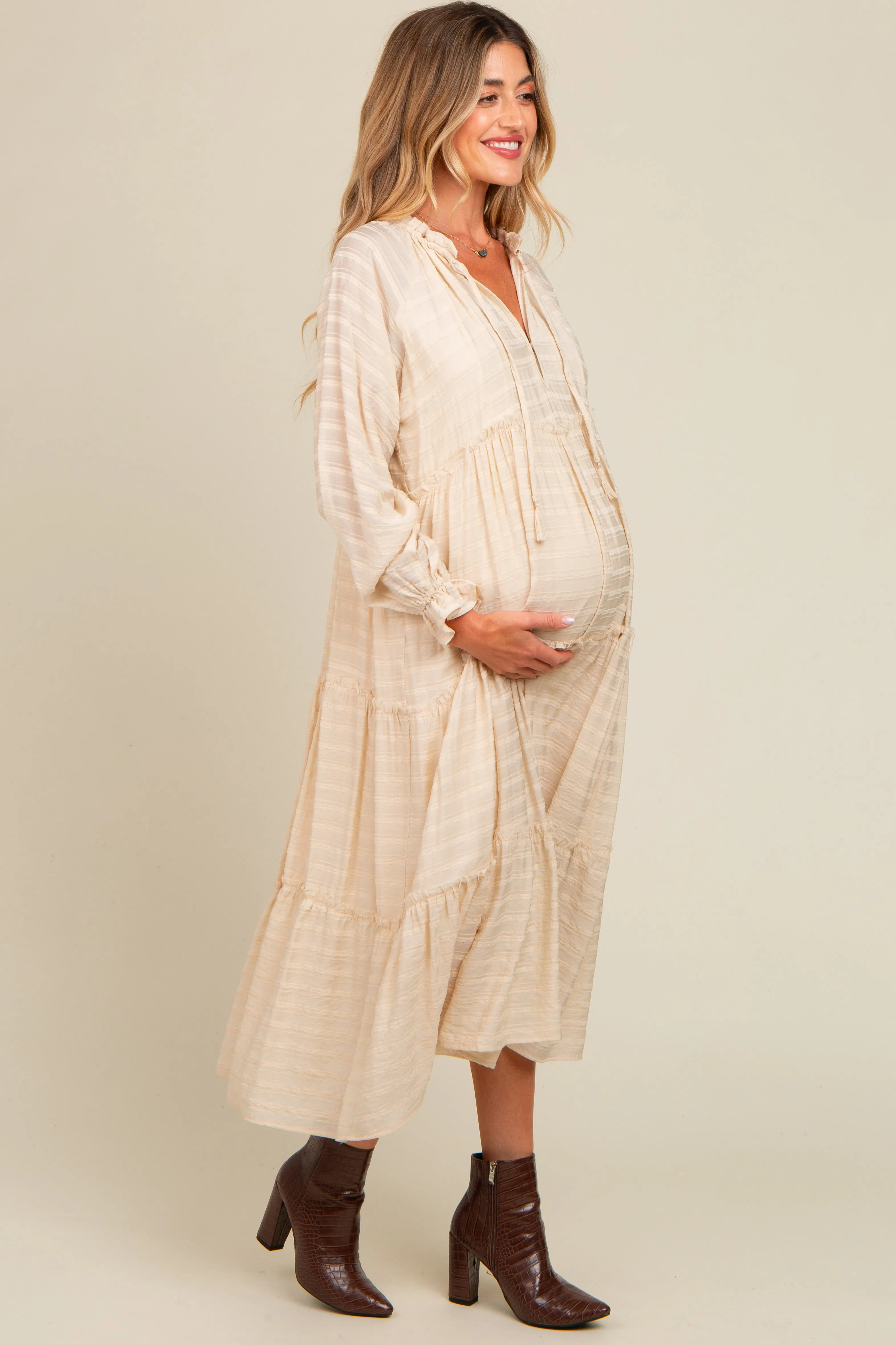 Cream Striped Front Tassel Tie Tiered Maternity Midi Dress sold by Pinkblush product image thumbnail 3