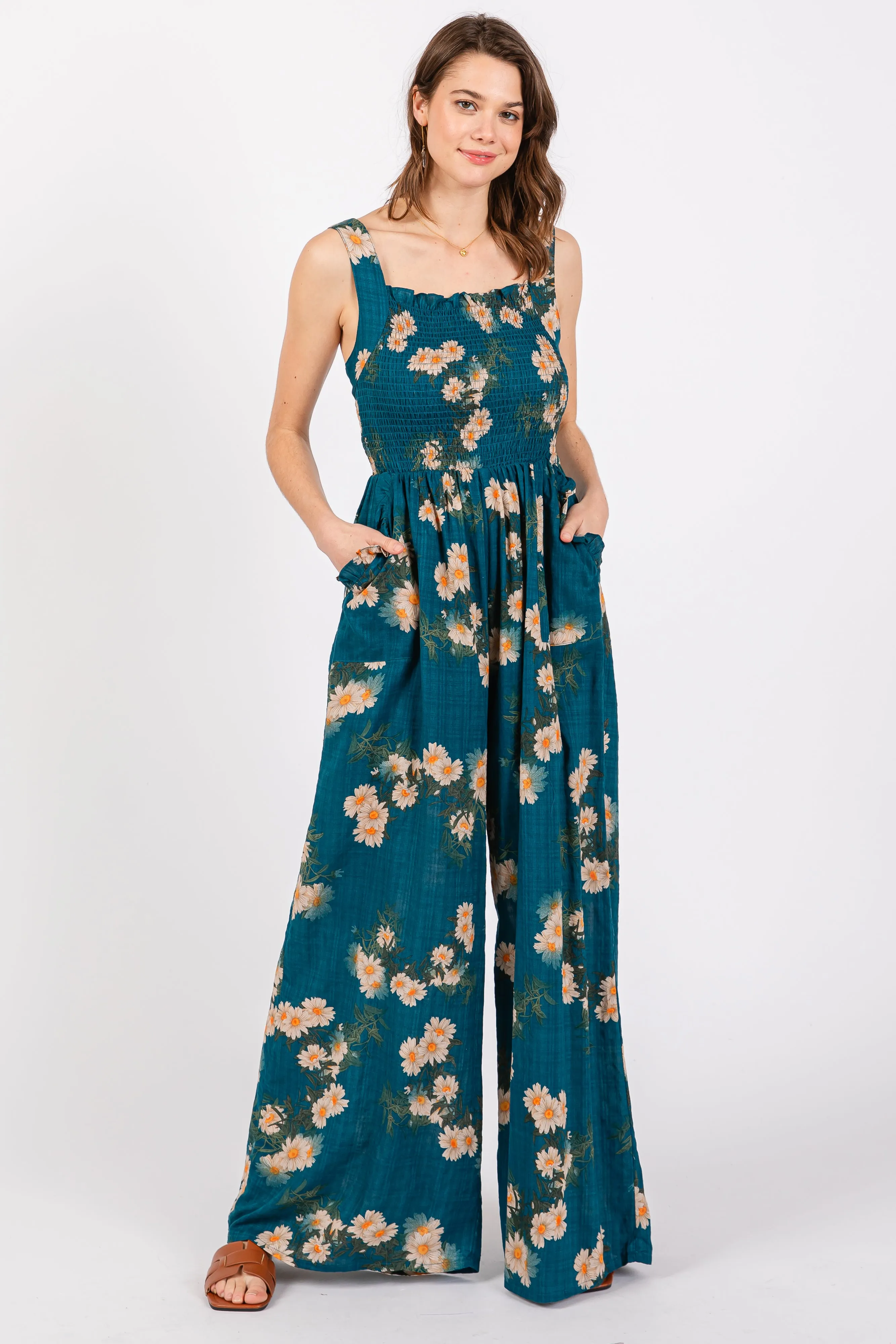 Teal Floral Smocked Jumpsuit sold by Pinkblush