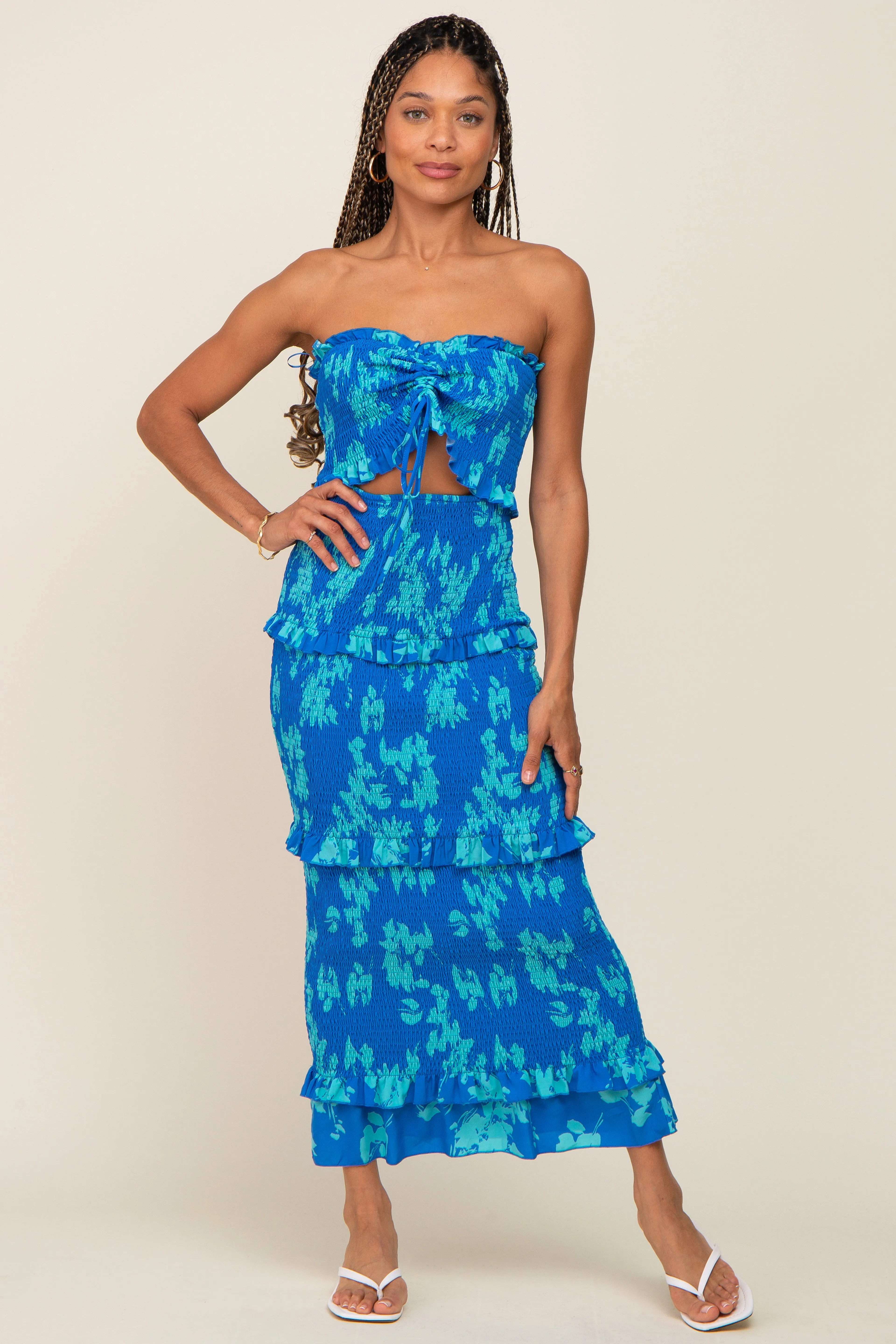 Blue Floral Smocked Drawstring Front Cutout Ruffle Trim Midi Dress sold by Pinkblush product image thumbnail 5