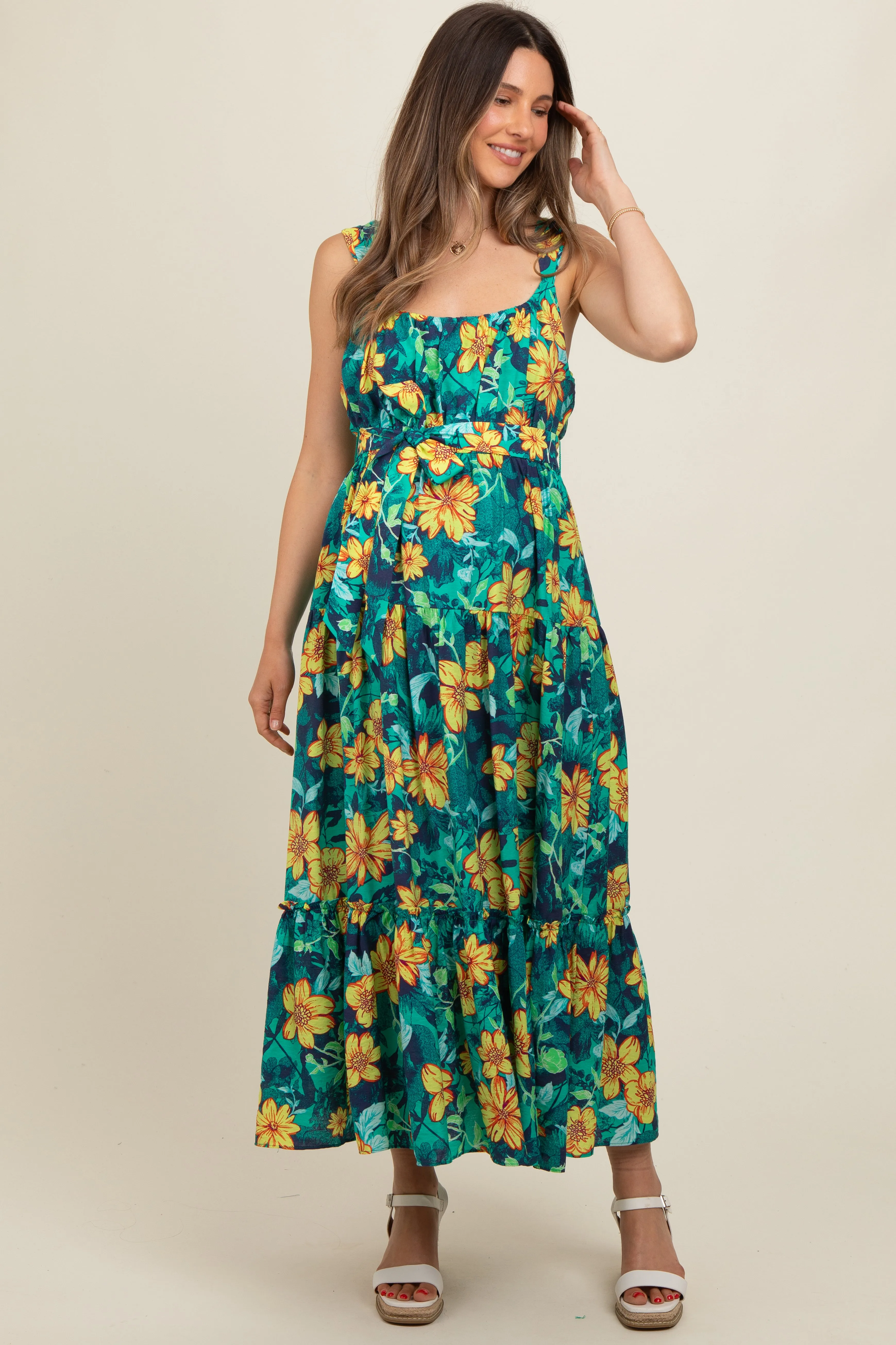 Yellow Floral Tiered Sash Tie Maternity Midi Dress sold by Pinkblush product image thumbnail 2