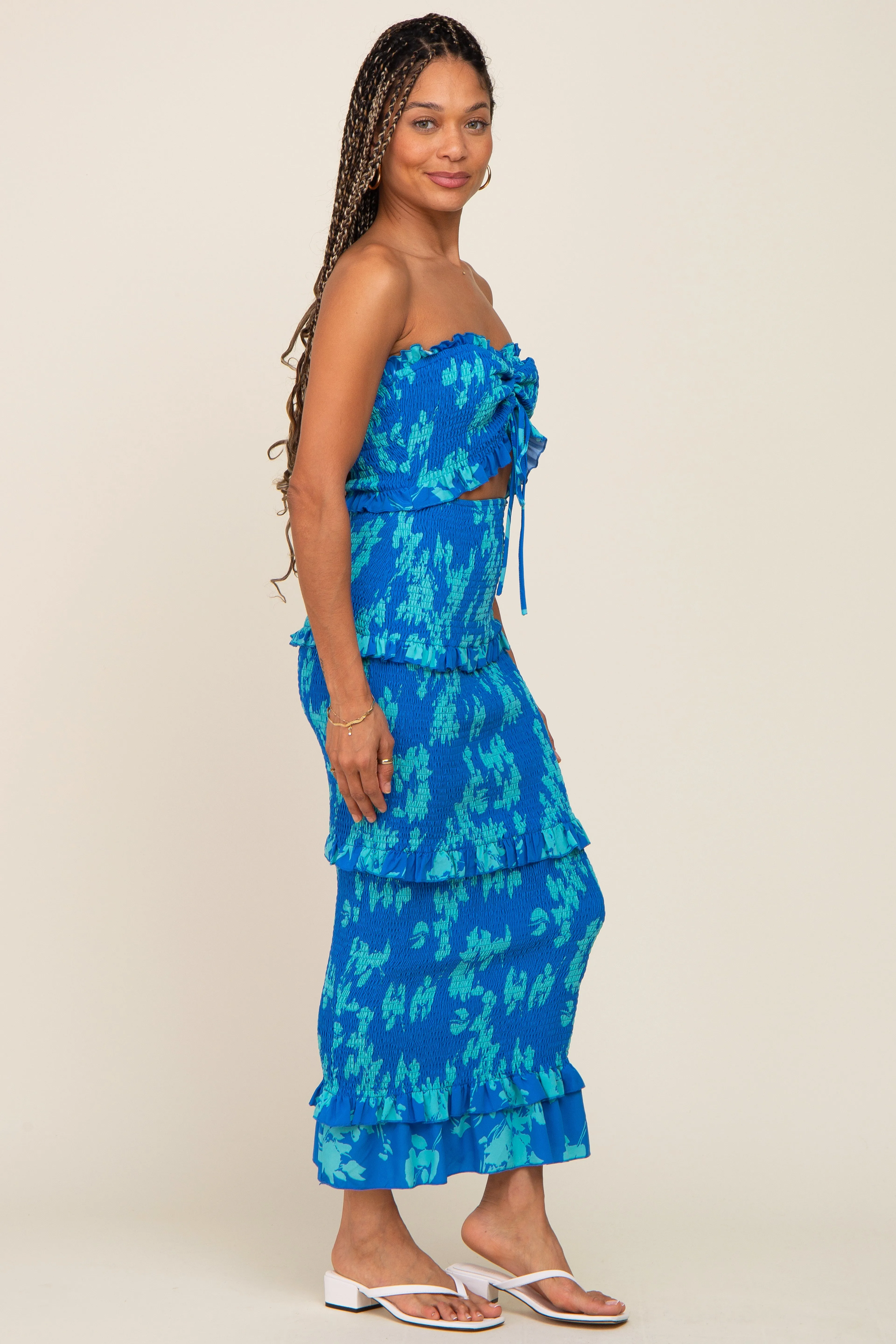 Blue Floral Smocked Drawstring Front Cutout Ruffle Trim Midi Dress sold by Pinkblush product image thumbnail 2