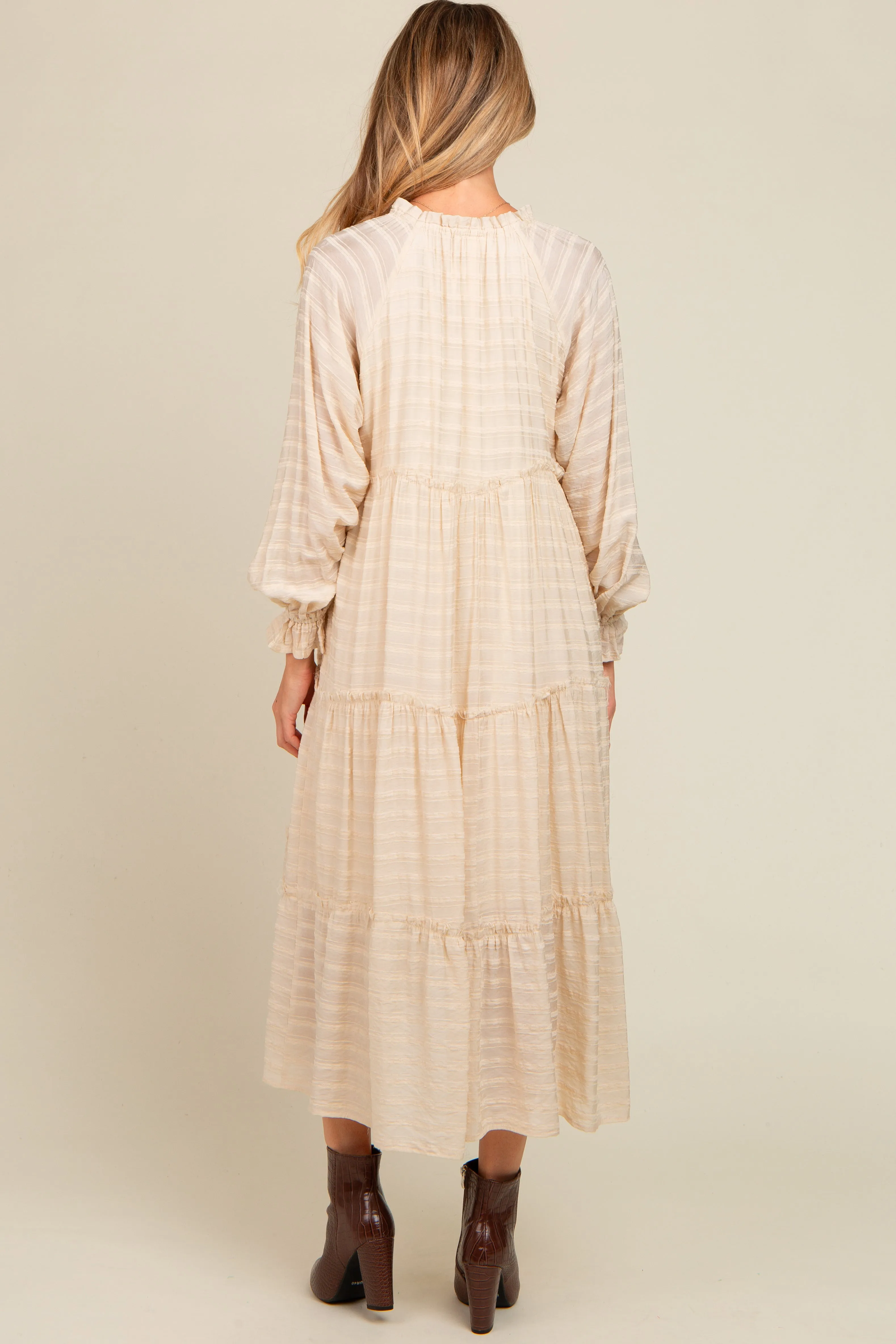 Cream Striped Front Tassel Tie Tiered Maternity Midi Dress sold by Pinkblush product image thumbnail 4