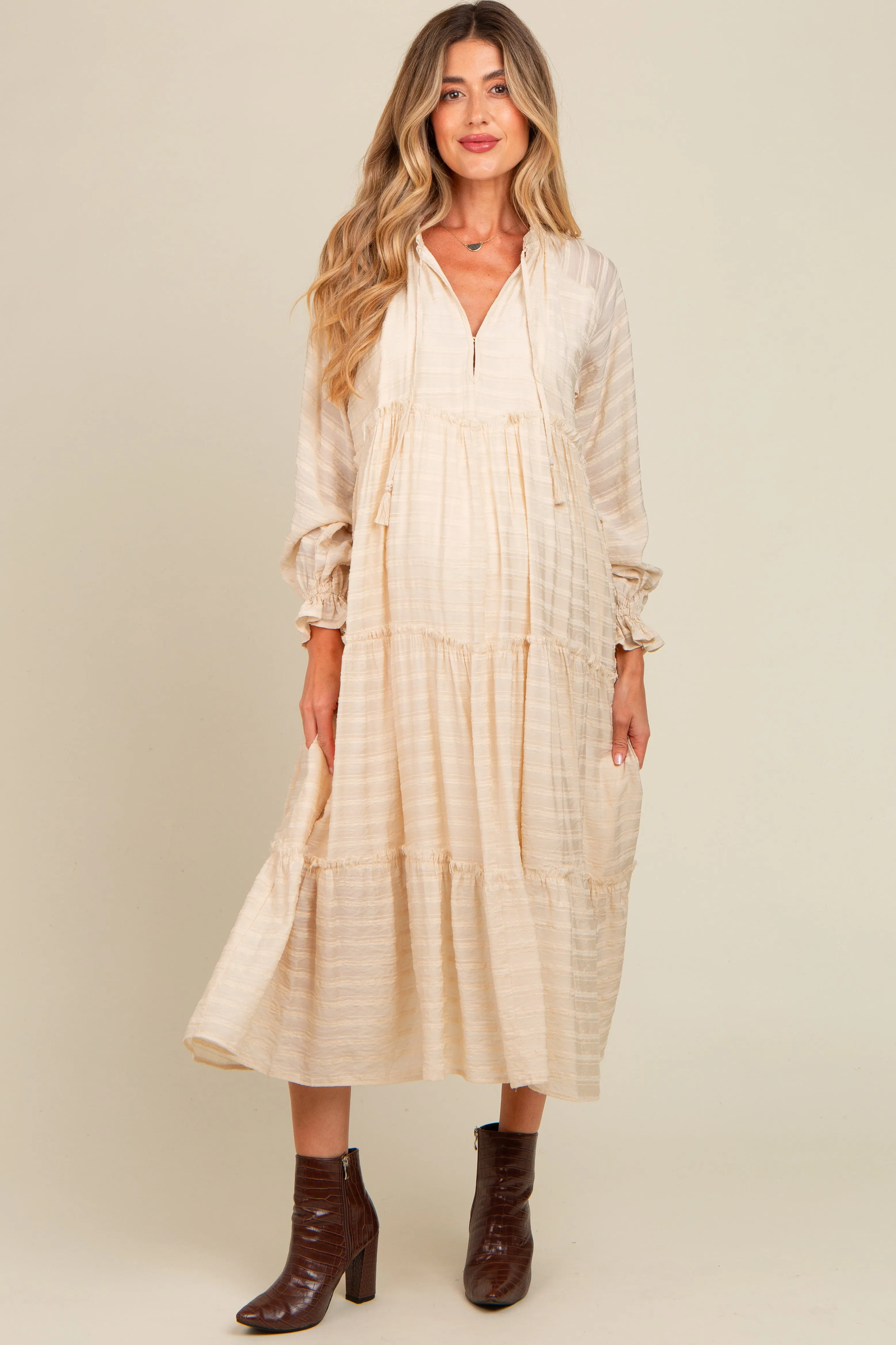 Cream Striped Front Tassel Tie Tiered Maternity Midi Dress sold by Pinkblush