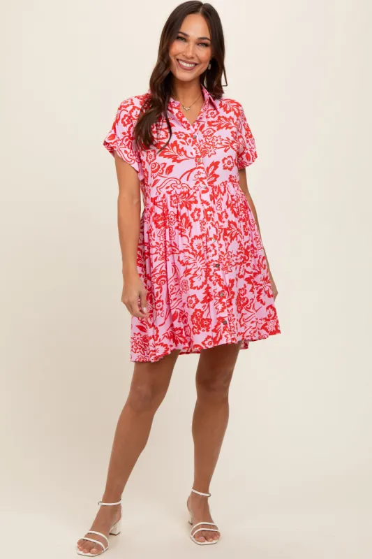 Red Floral Button Front Collared Maternity Dress sold by Pinkblush