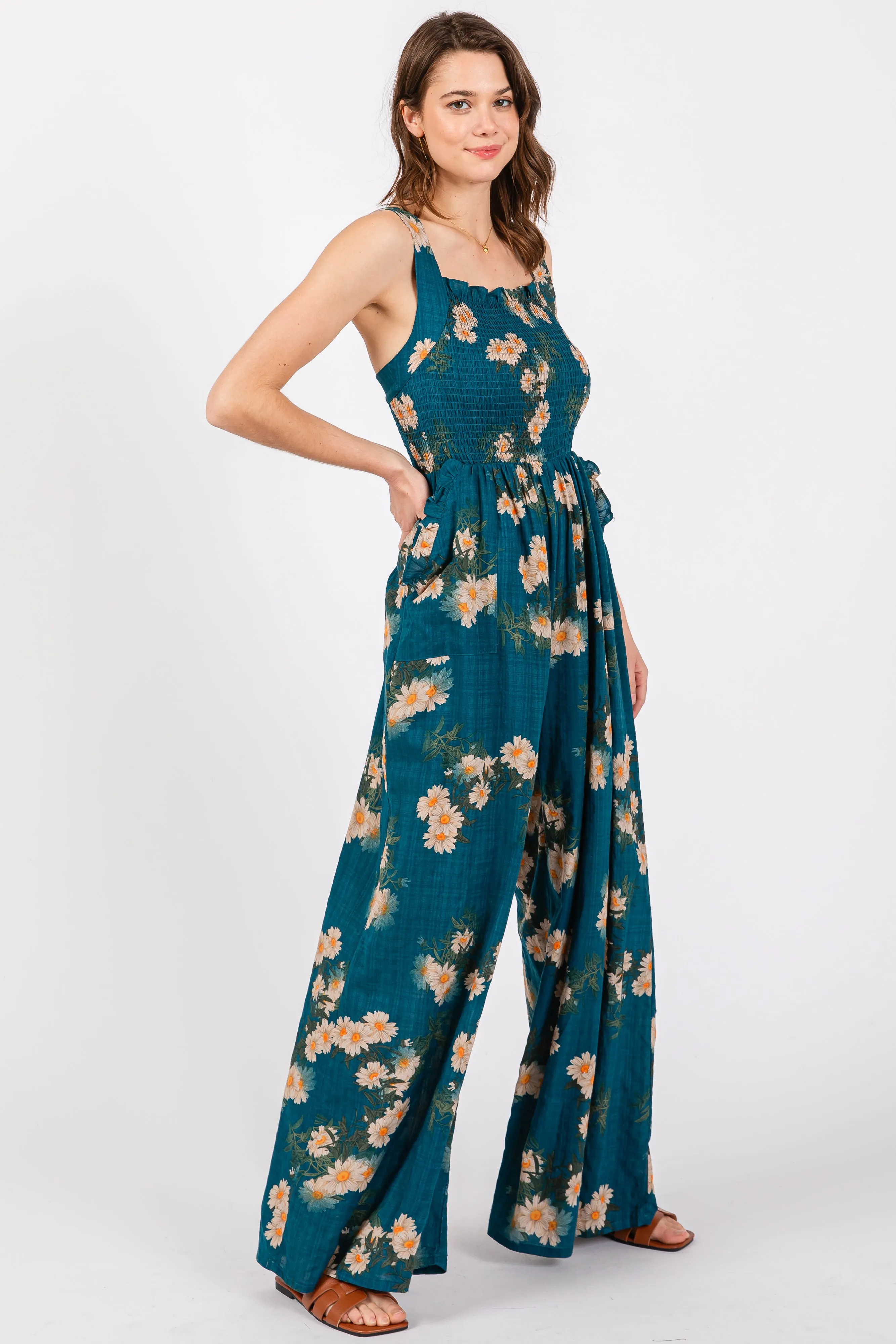 Teal Floral Smocked Jumpsuit sold by Pinkblush product image thumbnail 2