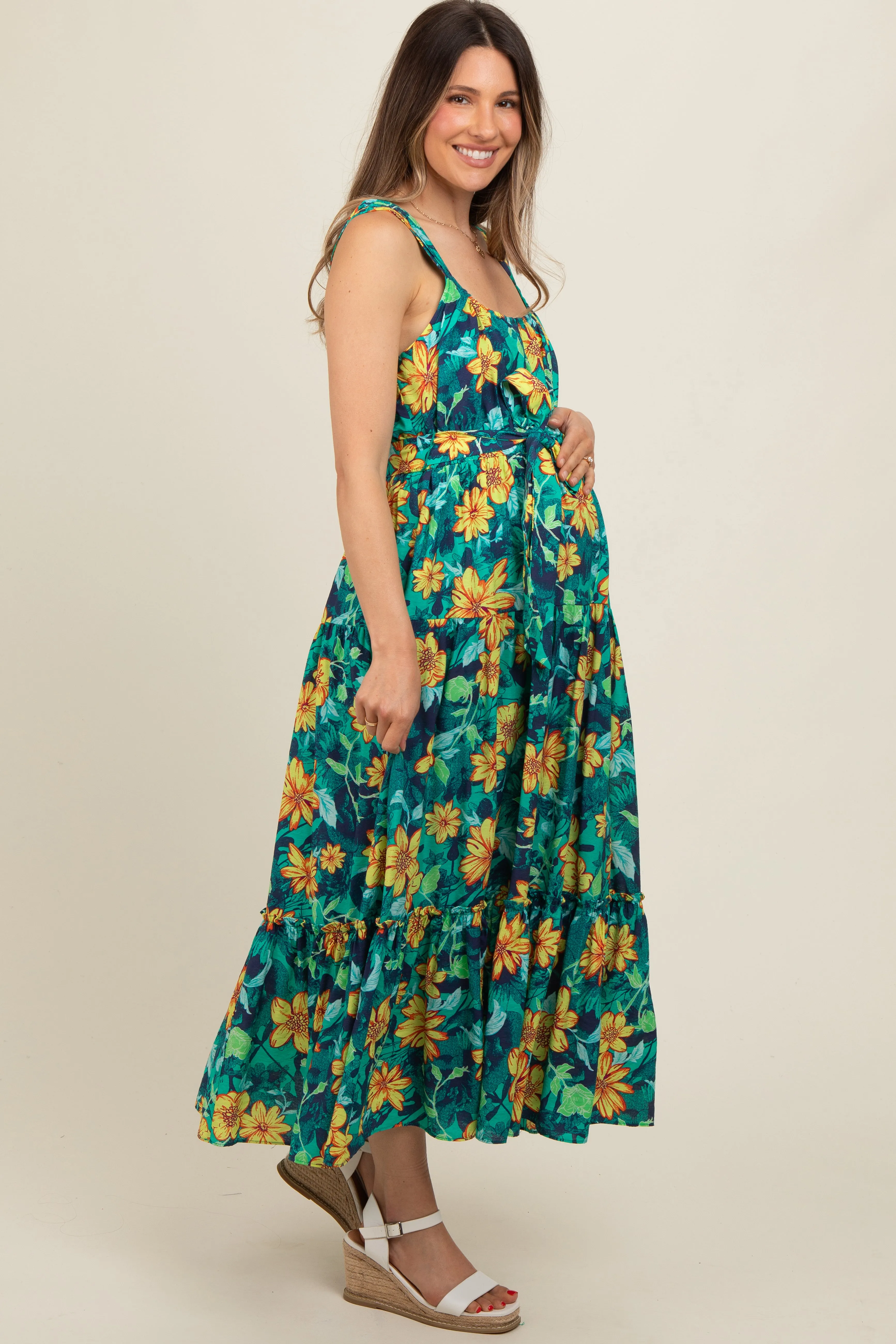 Yellow Floral Tiered Sash Tie Maternity Midi Dress sold by Pinkblush product image thumbnail 3