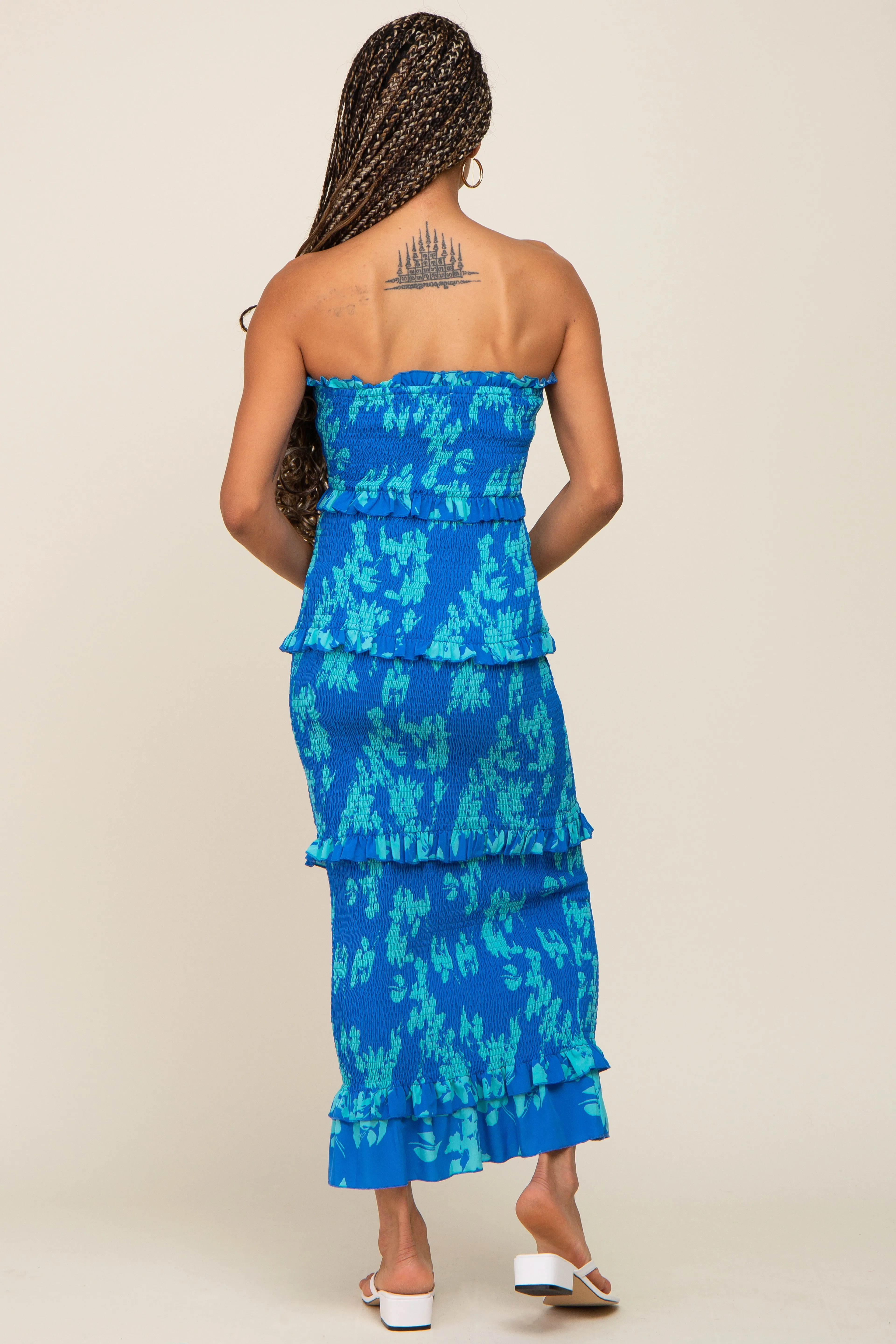 Blue Floral Smocked Drawstring Front Cutout Ruffle Trim Midi Dress sold by Pinkblush product image thumbnail 3