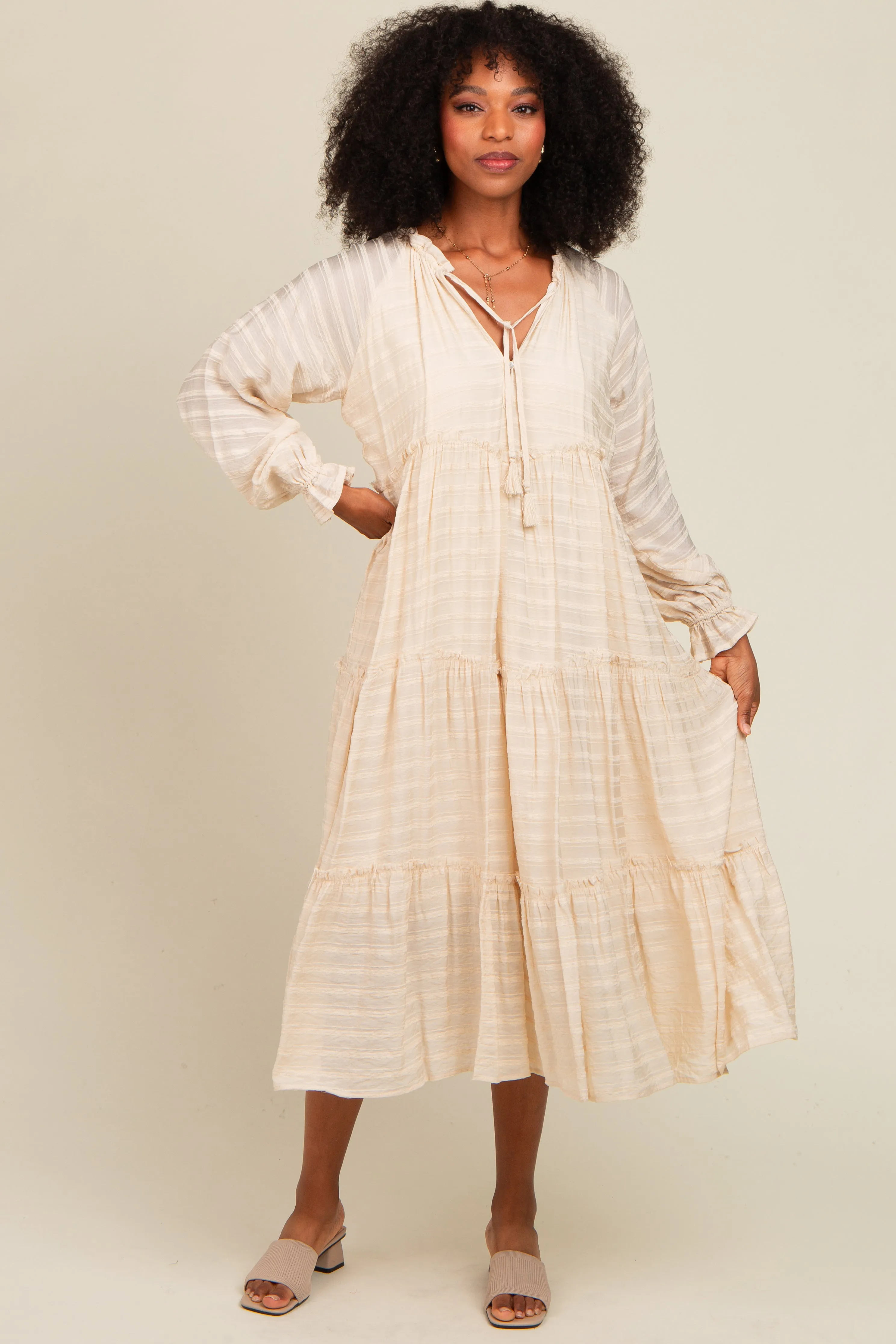 Cream Striped Front Tassel Tie Tiered Maternity Midi Dress sold by Pinkblush product image thumbnail 5