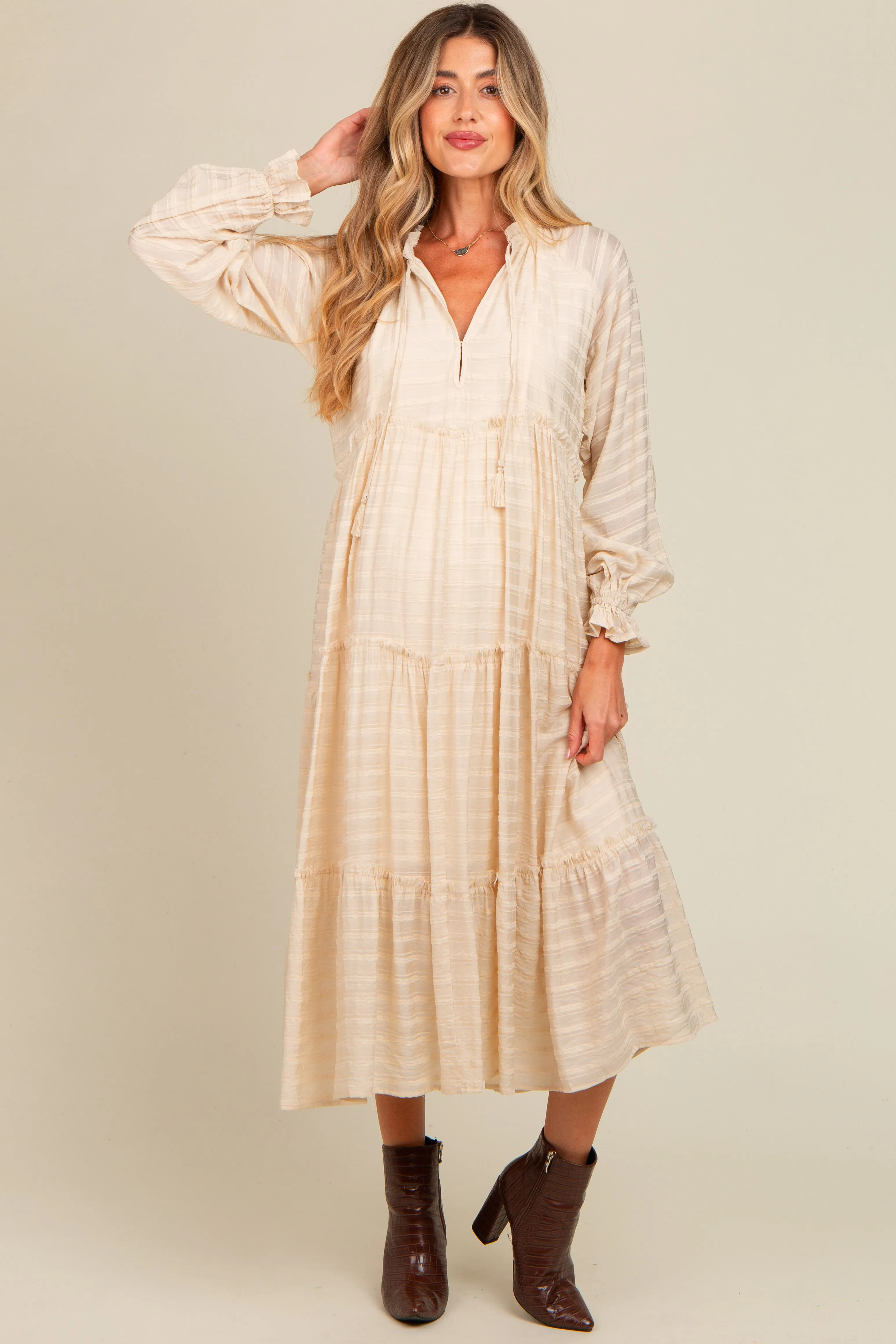 Cream Striped Front Tassel Tie Tiered Maternity Midi Dress sold by Pinkblush product image thumbnail 2