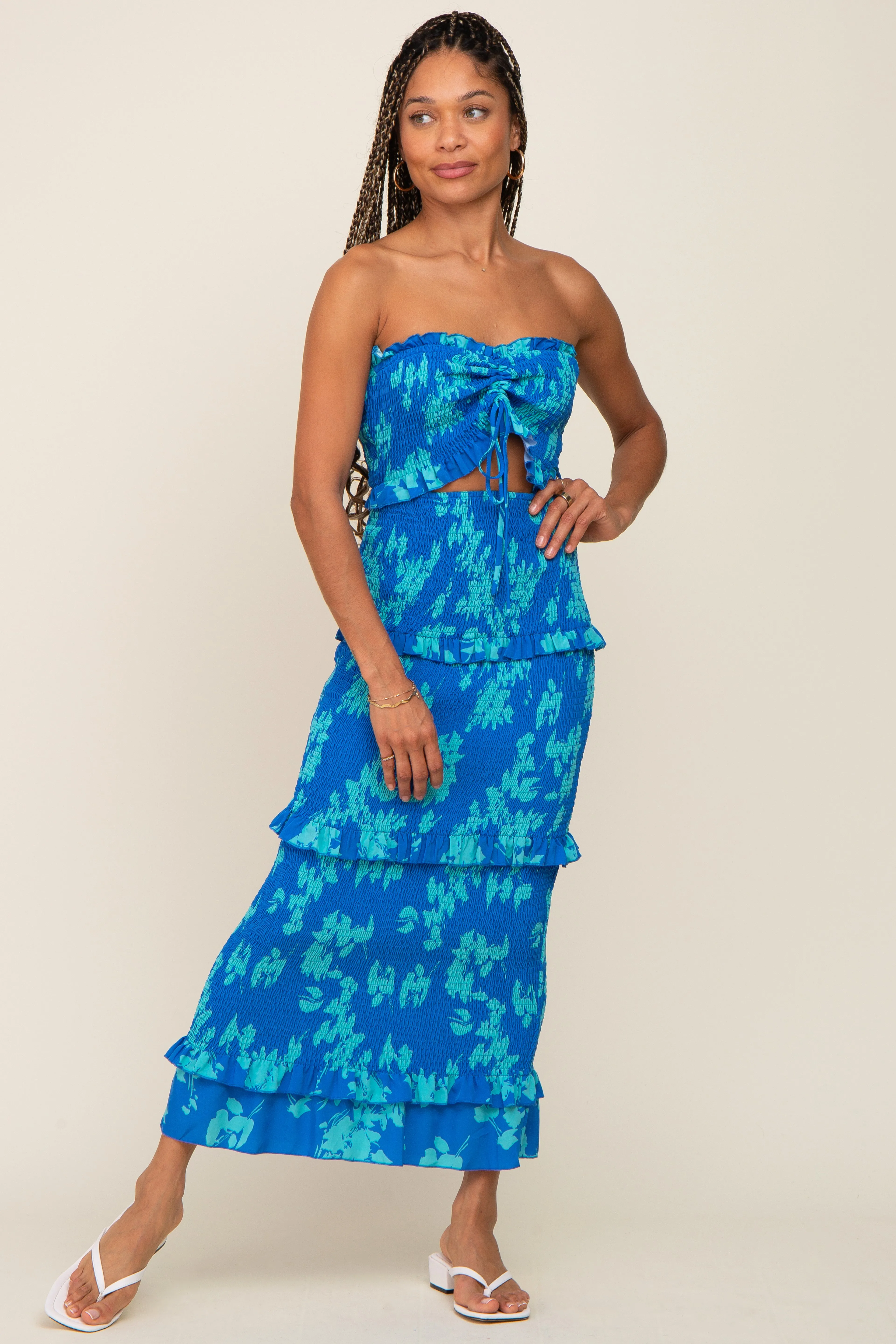 Blue Floral Smocked Drawstring Front Cutout Ruffle Trim Midi Dress sold by Pinkblush product image thumbnail 4