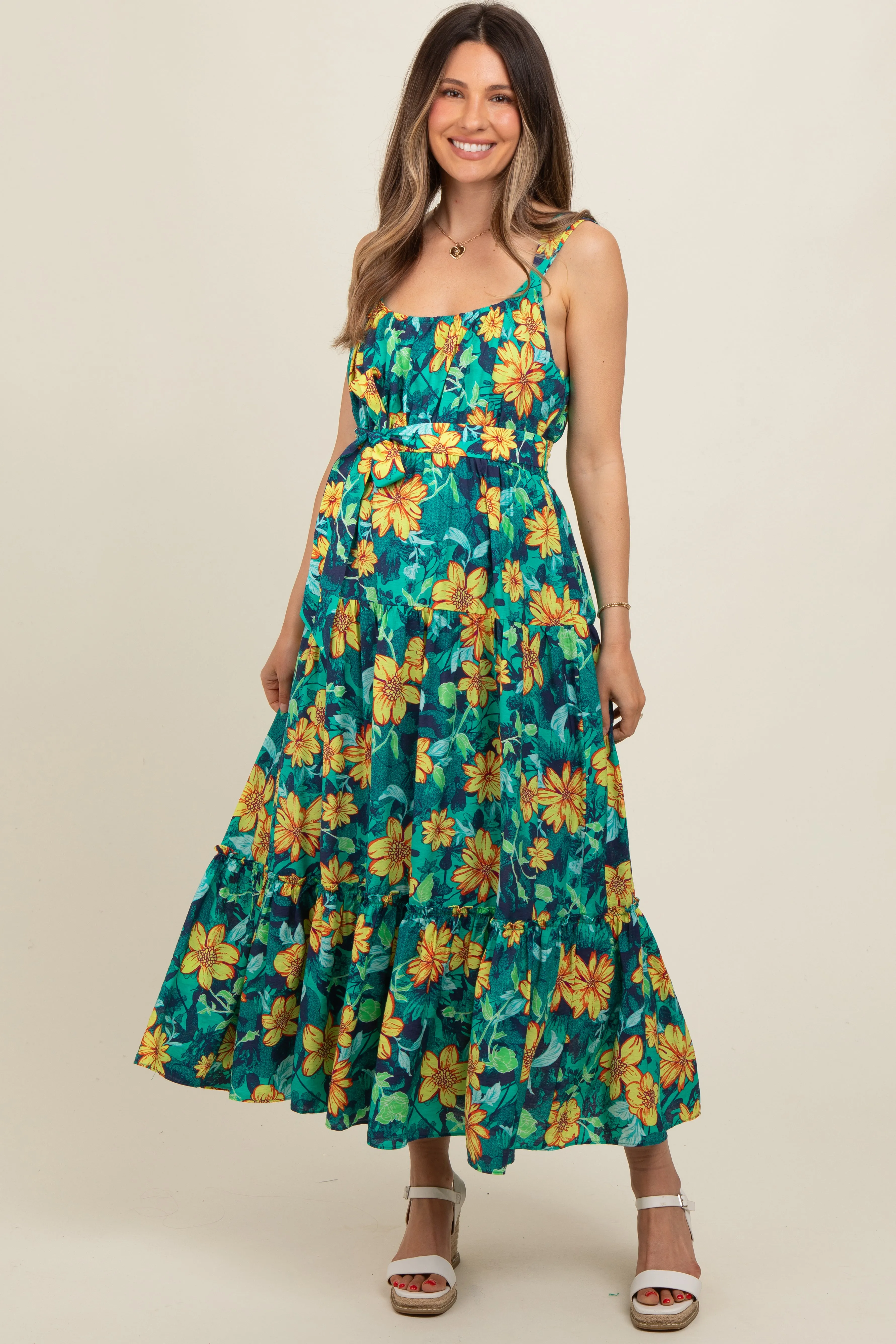 Yellow Floral Tiered Sash Tie Maternity Midi Dress sold by Pinkblush