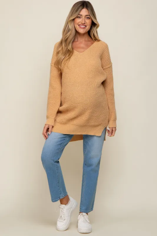 Peach Chunky Knit V-Neck Side Slit Long Maternity Sweater sold by Pinkblush