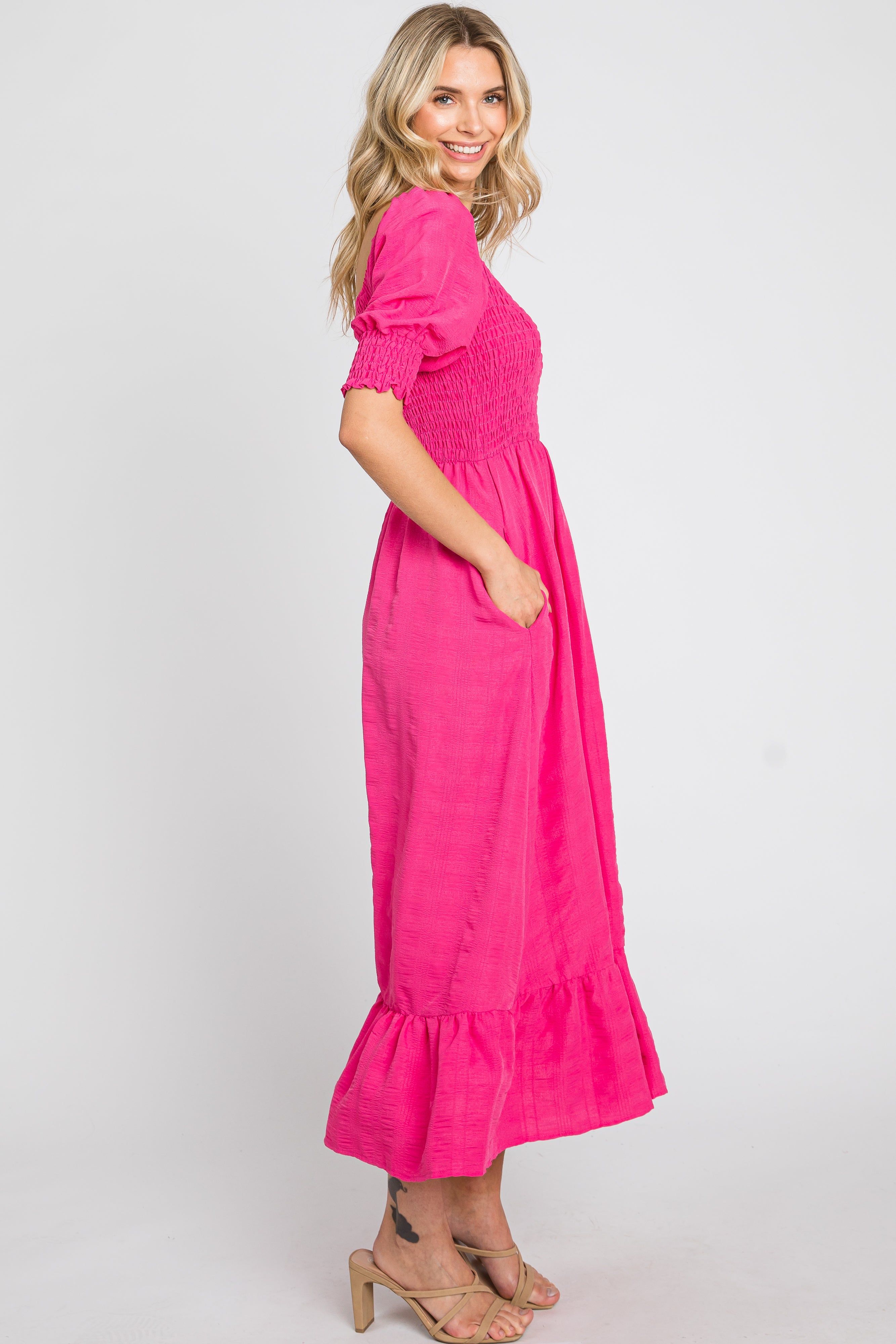 Fuchsia Square Neck Smocked Short Sleeve Midi Dress sold by Pinkblush product image thumbnail 3