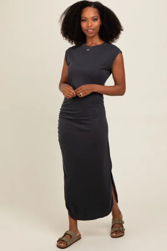 Black Ruched Side Slit Midi Dress sold by Pinkblush