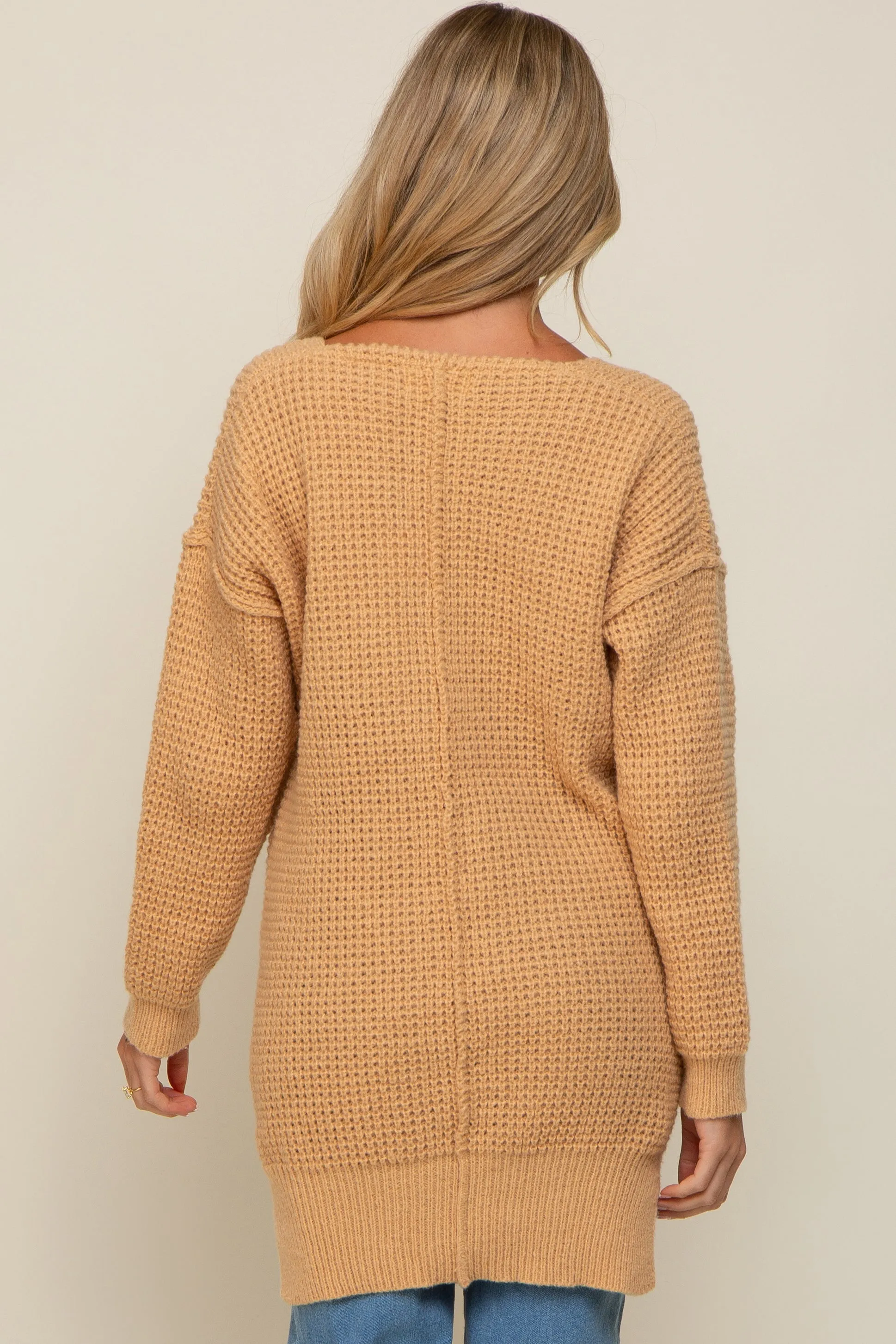 Peach Chunky Knit V-Neck Side Slit Long Maternity Sweater sold by Pinkblush product image thumbnail 4