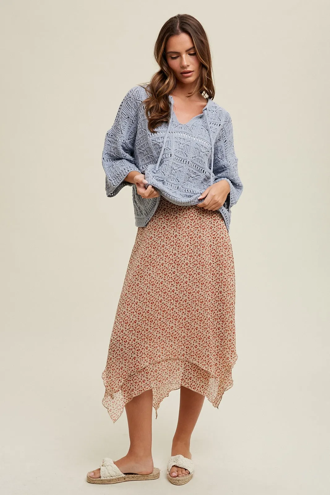 Taupe Red Floral Handkerchief Midi Skirt sold by Pinkblush