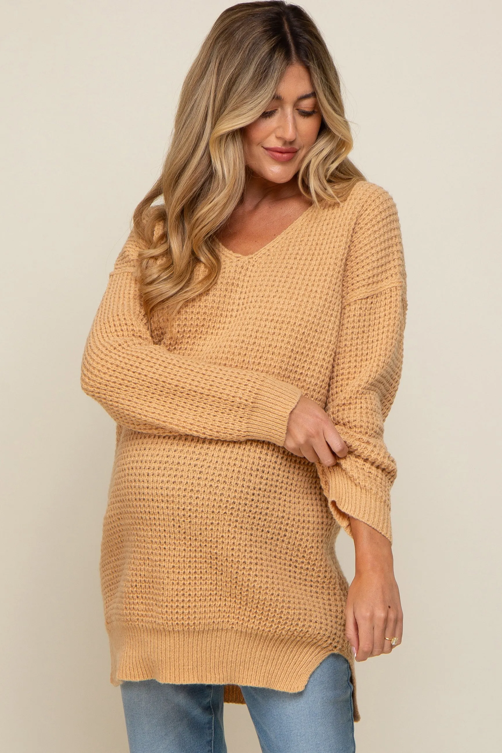 Peach Chunky Knit V-Neck Side Slit Long Maternity Sweater sold by Pinkblush product image thumbnail 2