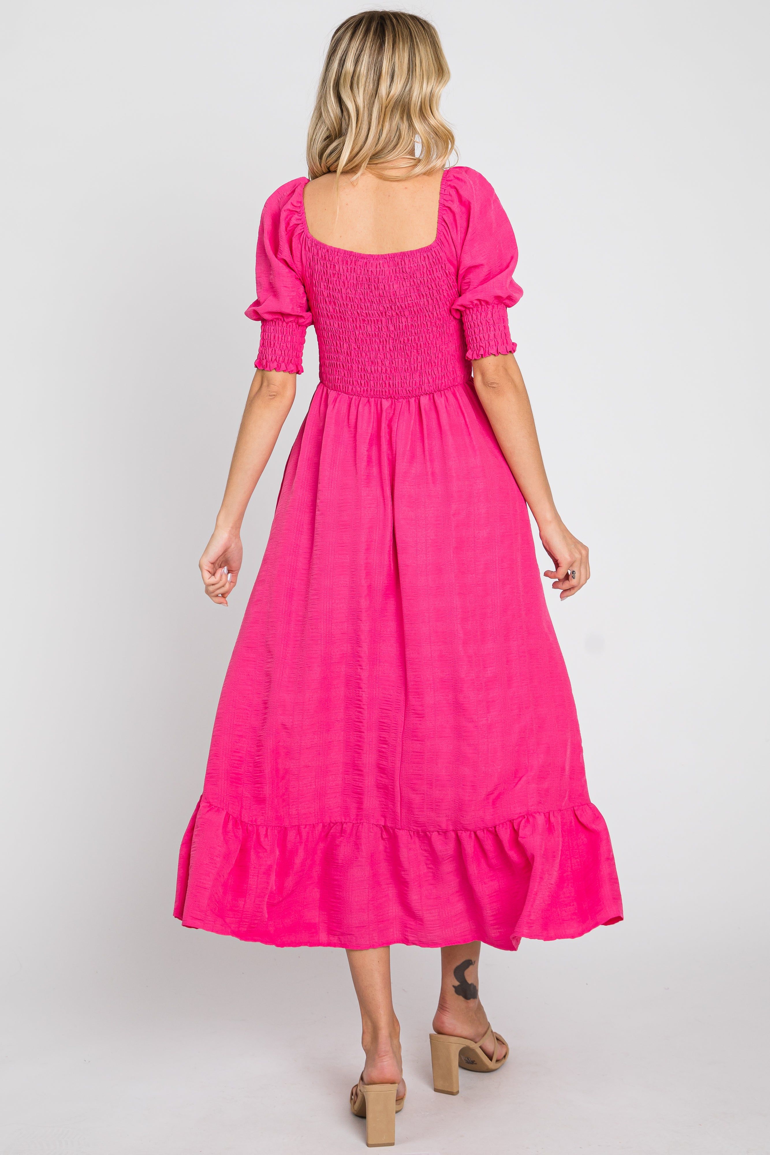 Fuchsia Square Neck Smocked Short Sleeve Midi Dress sold by Pinkblush product image thumbnail 4