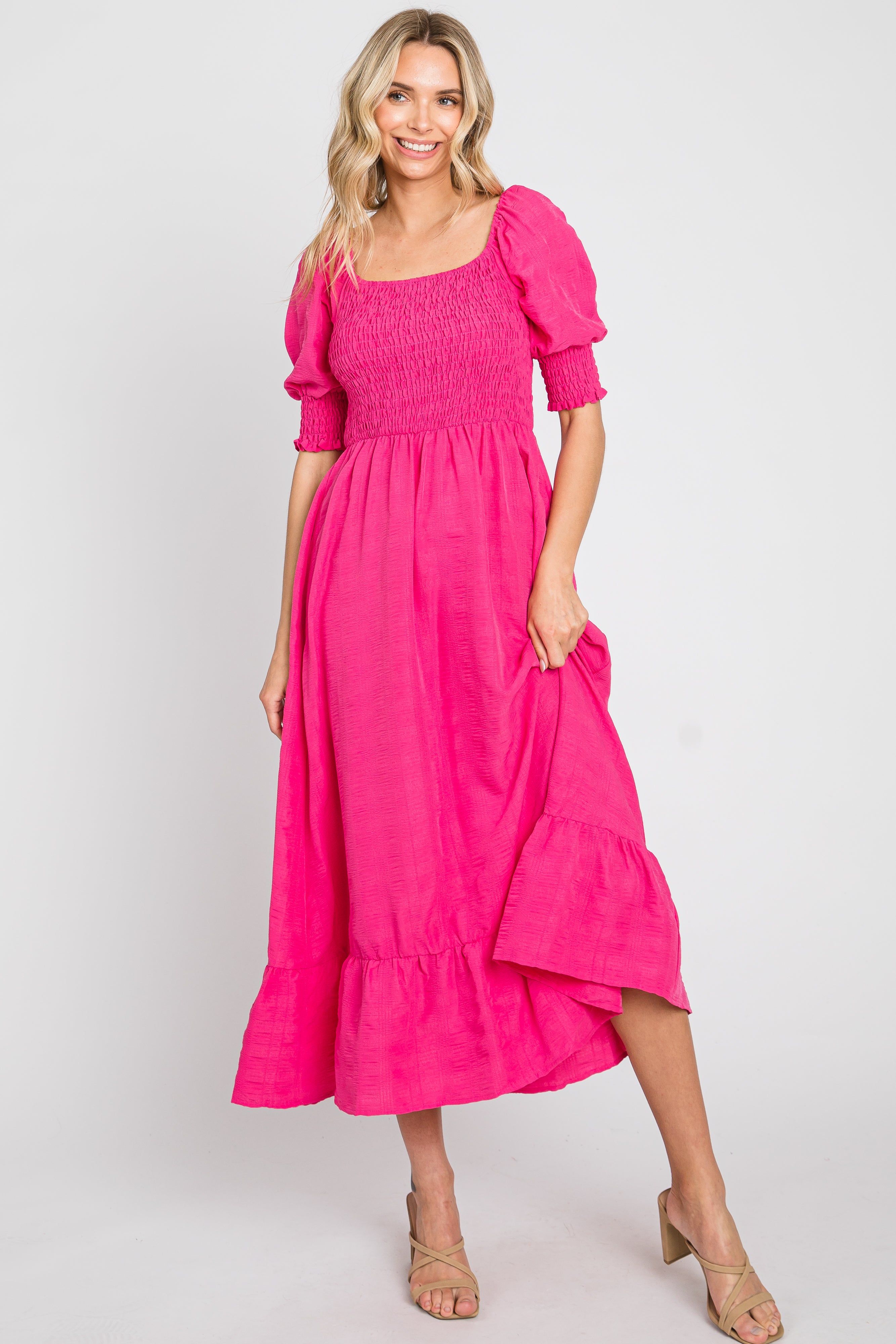 Fuchsia Square Neck Smocked Short Sleeve Midi Dress sold by Pinkblush