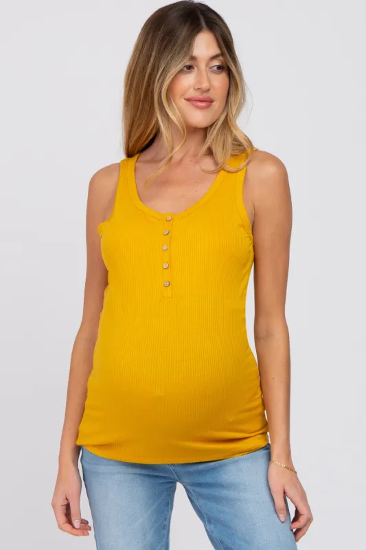 Yellow Ribbed Button Up Maternity Tank Top sold by Pinkblush