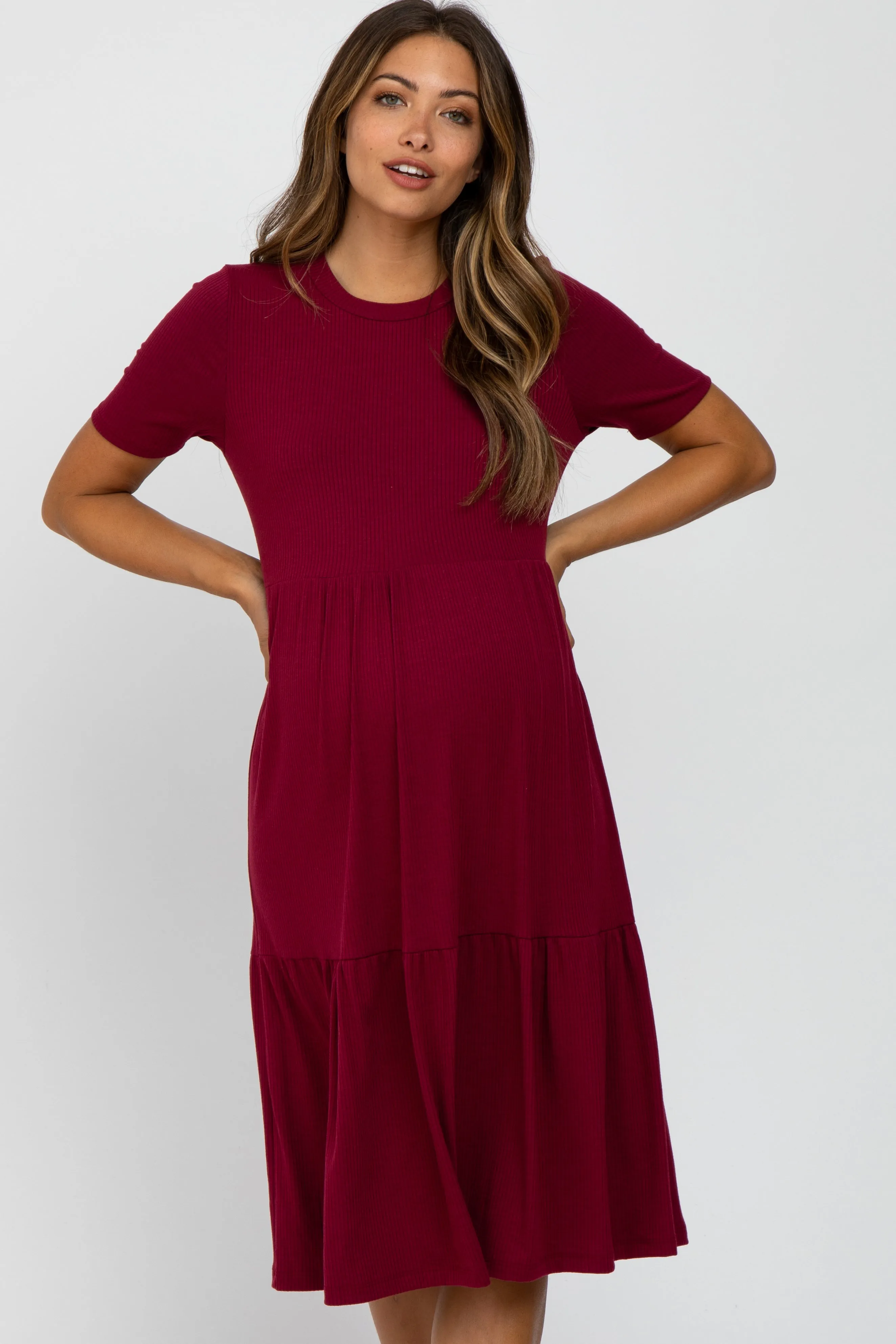 Burgundy Ribbed Tiered Maternity Dress sold by Pinkblush product image thumbnail 4