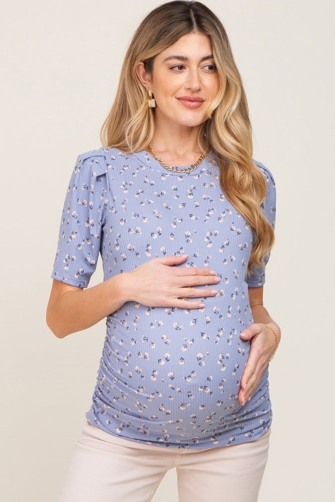 Blue Floral Side Ruched Maternity Short Sleeve Top sold by Pinkblush