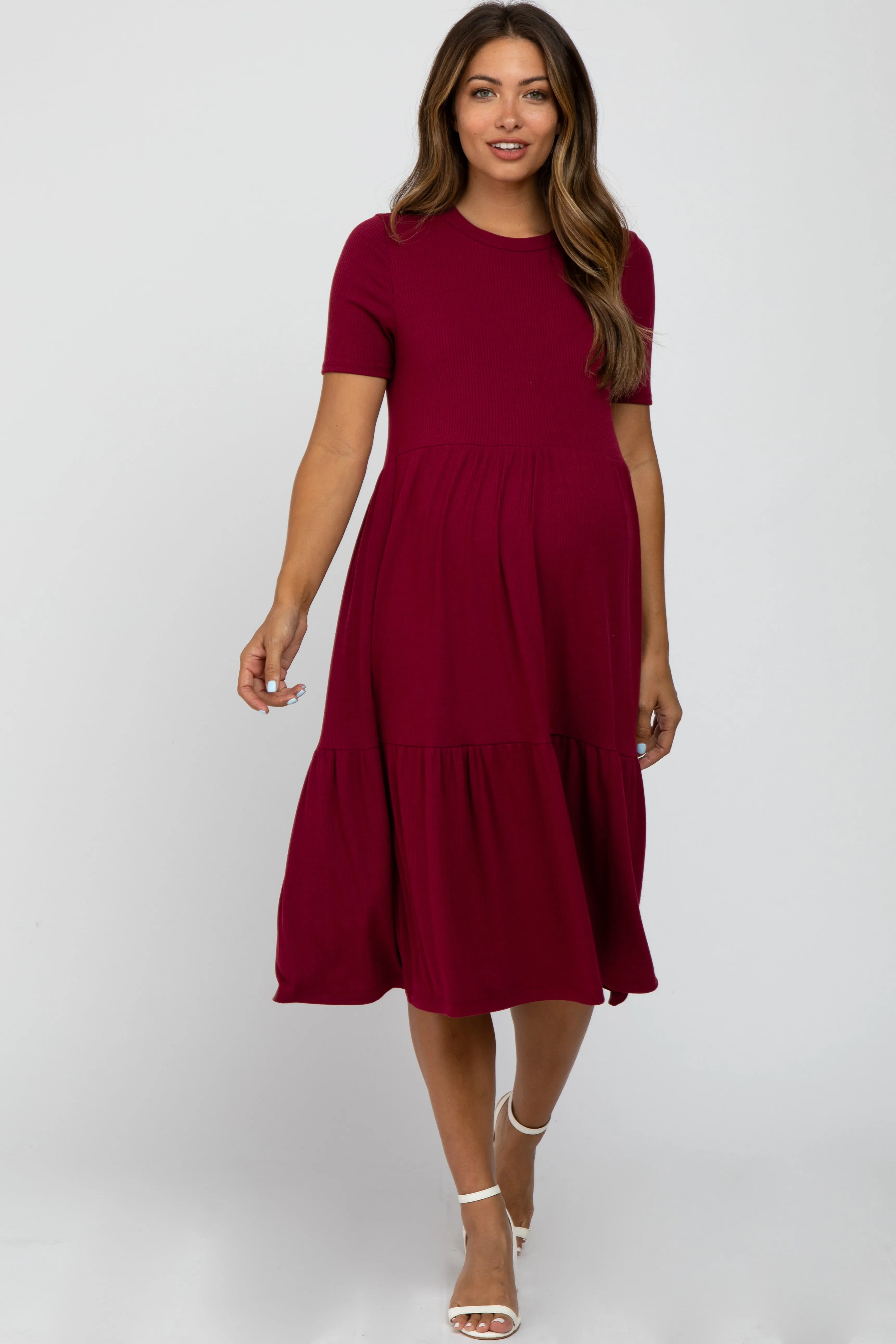 Burgundy Ribbed Tiered Maternity Dress sold by Pinkblush