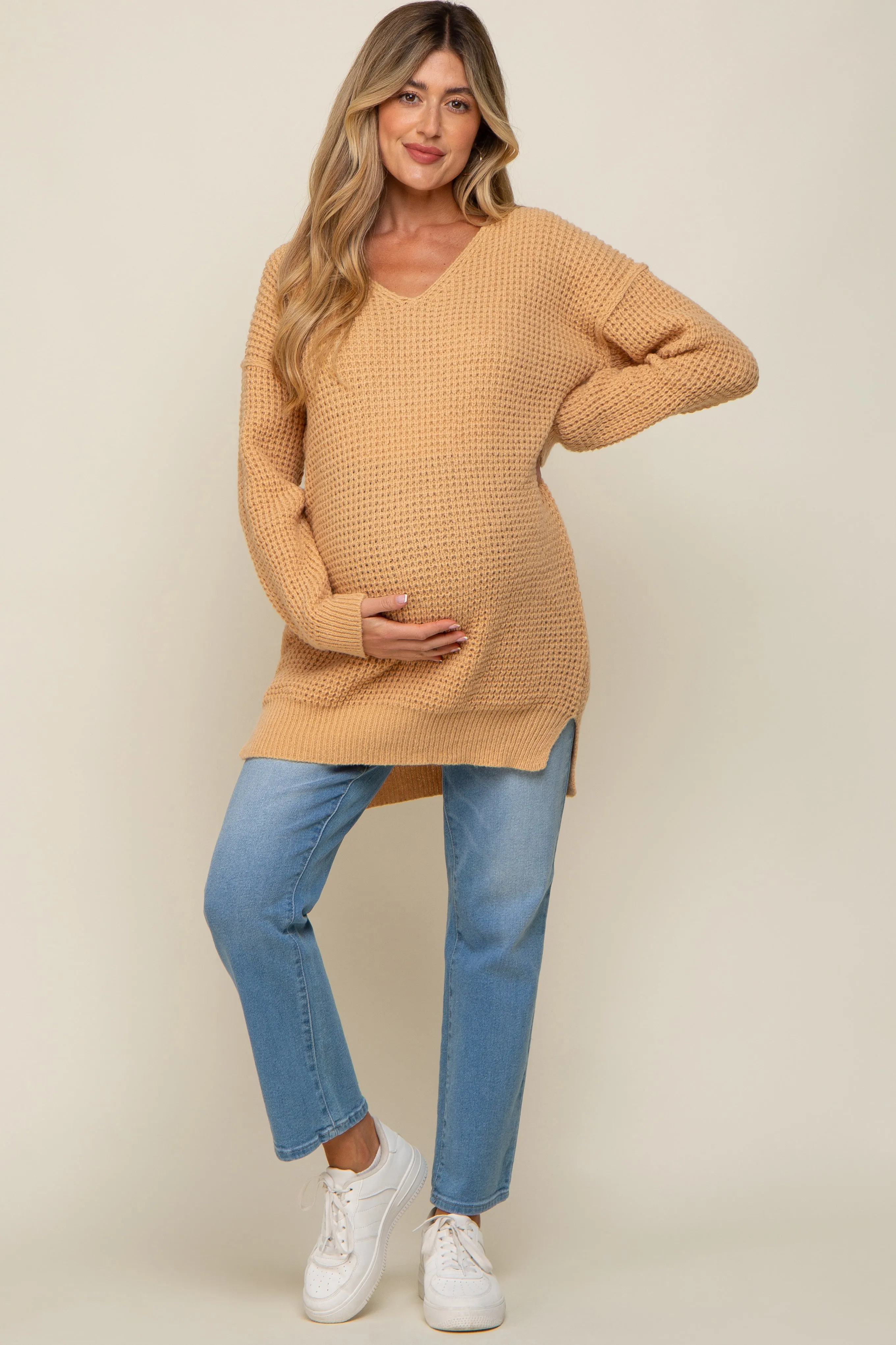 Peach Chunky Knit V-Neck Side Slit Long Maternity Sweater sold by Pinkblush product image thumbnail 5