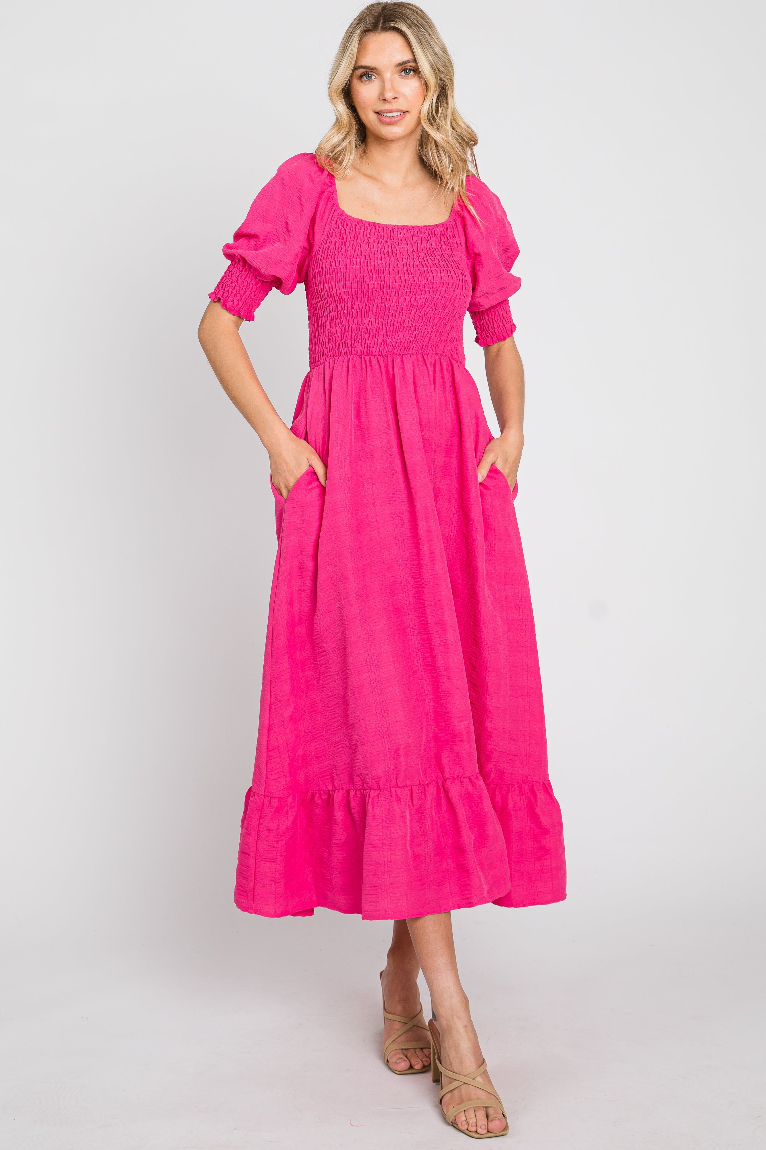 Fuchsia Square Neck Smocked Short Sleeve Midi Dress sold by Pinkblush product image thumbnail 2