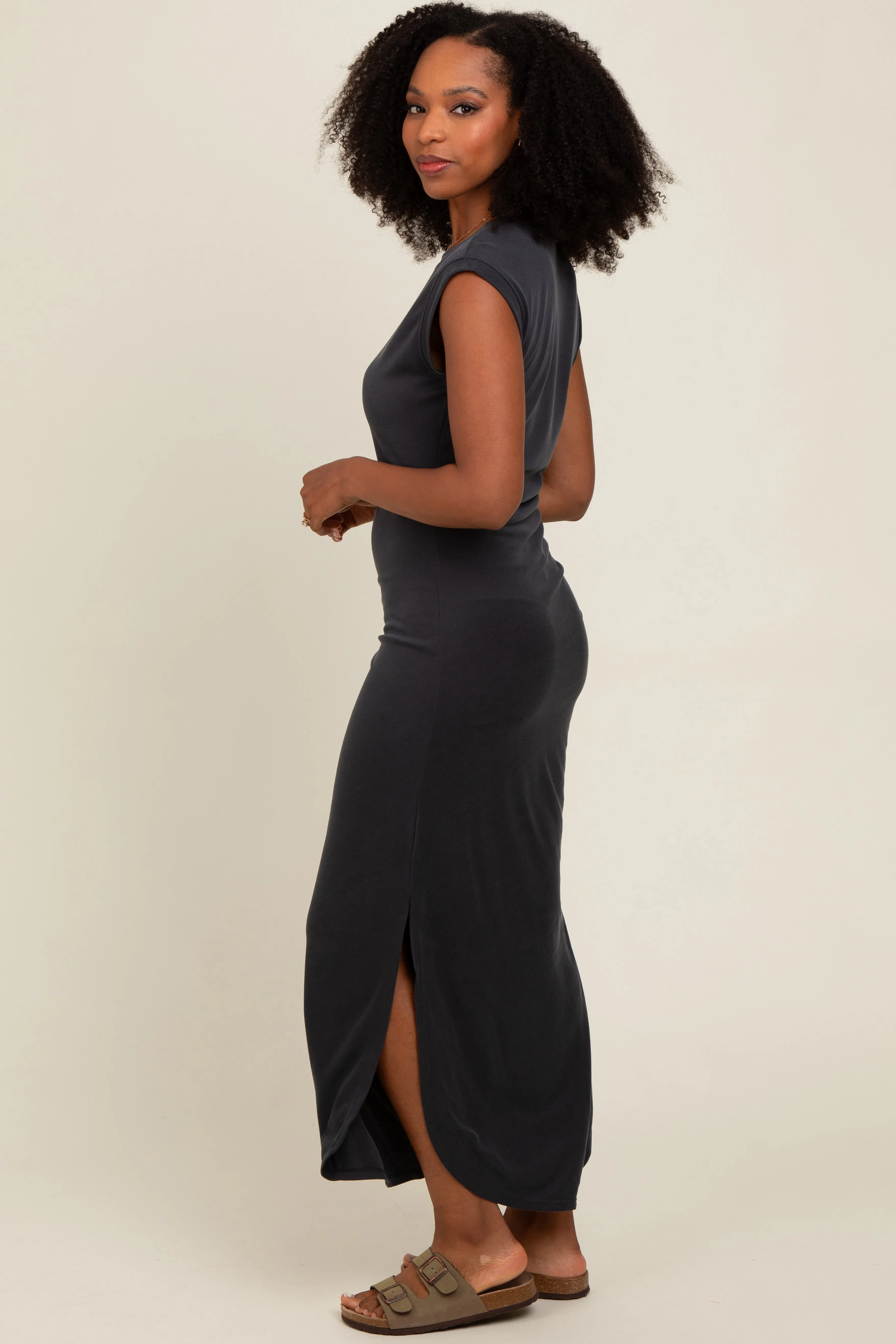 Black Ruched Side Slit Midi Dress sold by Pinkblush product image thumbnail 3