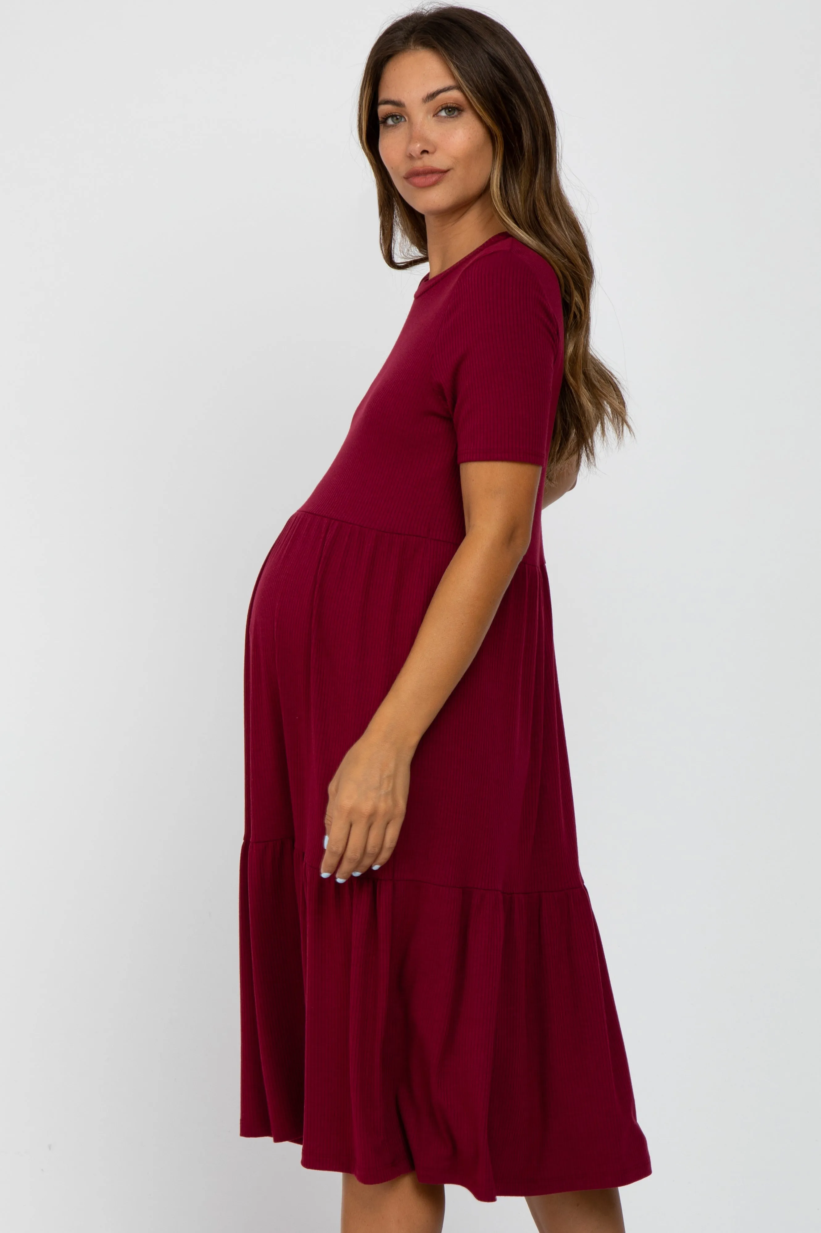 Burgundy Ribbed Tiered Maternity Dress sold by Pinkblush product image thumbnail 2