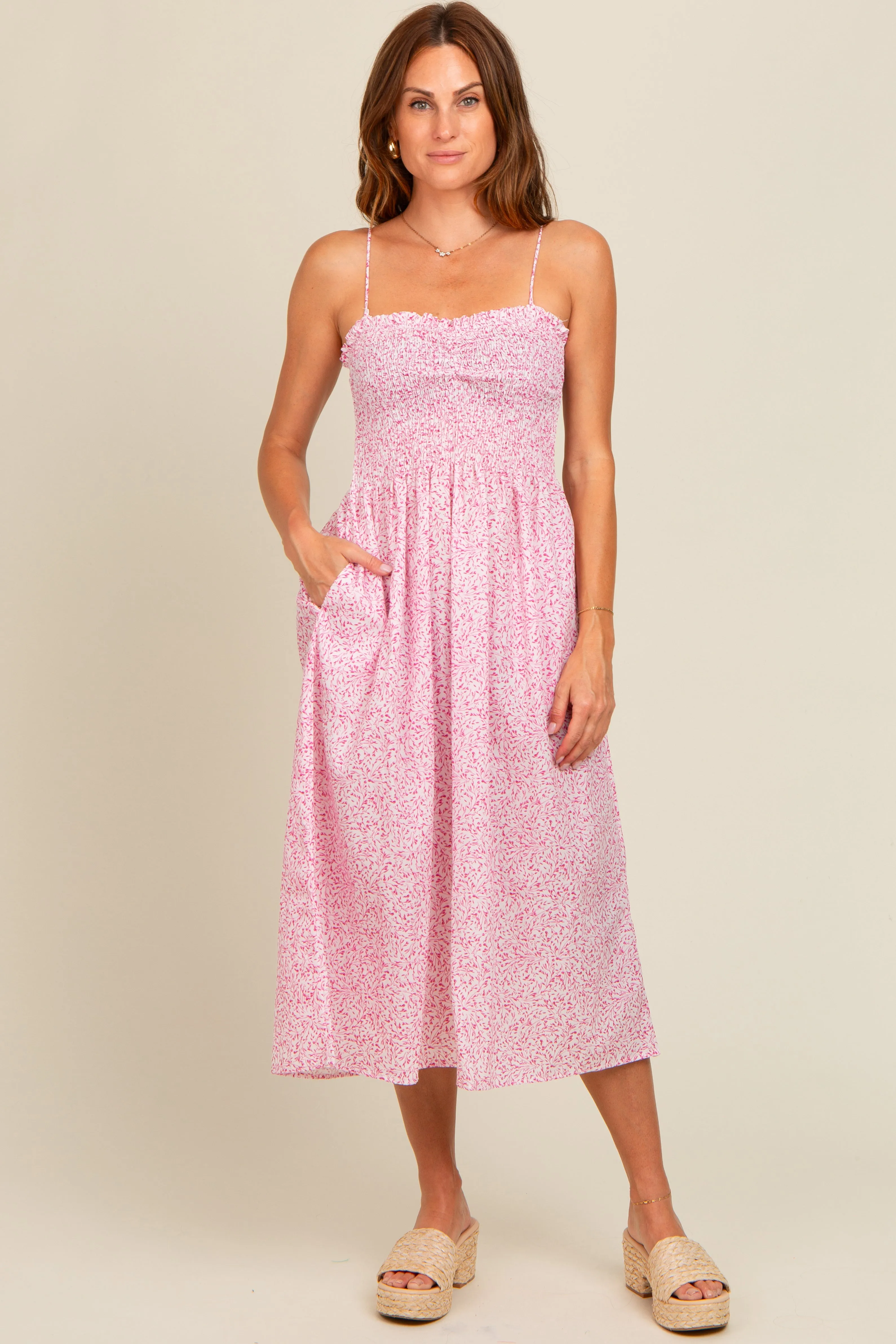 Pink Printed Smocked Maternity Midi Dress sold by Pinkblush product image thumbnail 3