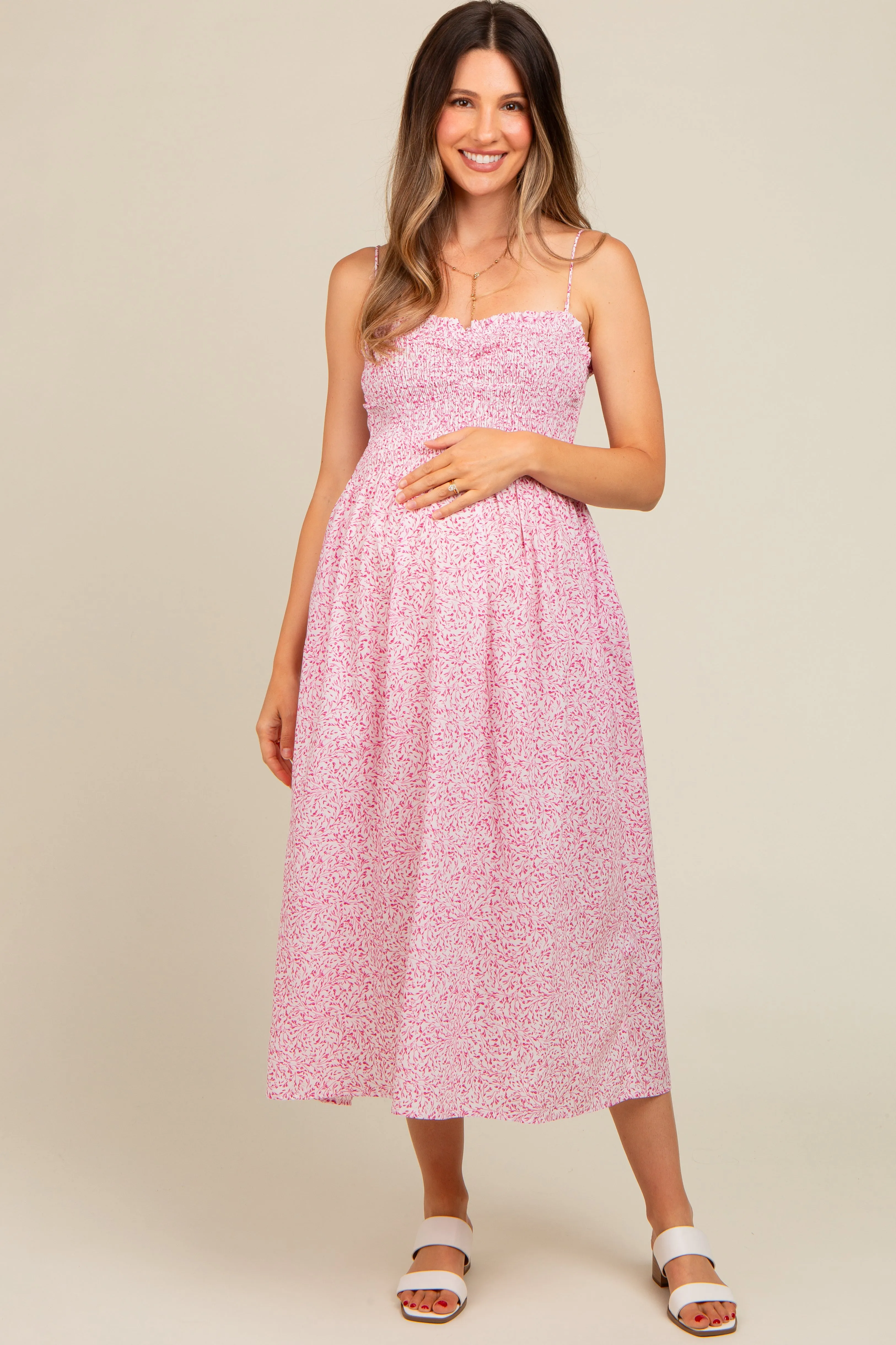 Pink Printed Smocked Maternity Midi Dress sold by Pinkblush