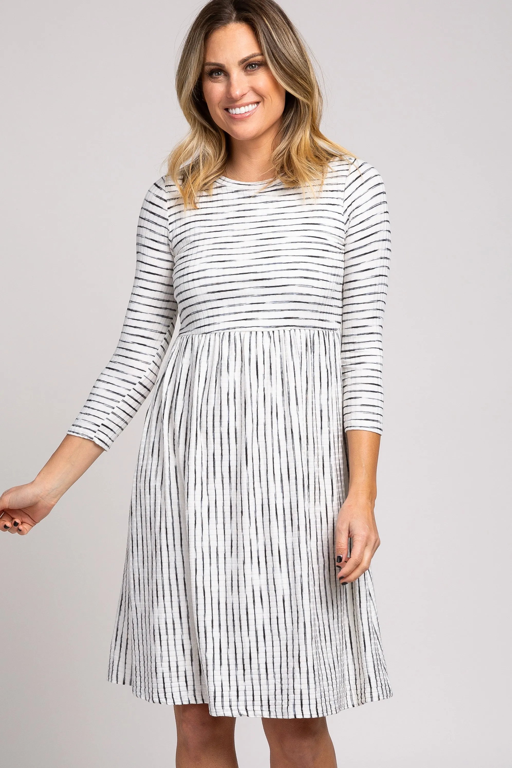 Ivory Ribbed Striped Pleated Midi Dress sold by Pinkblush product image thumbnail 2