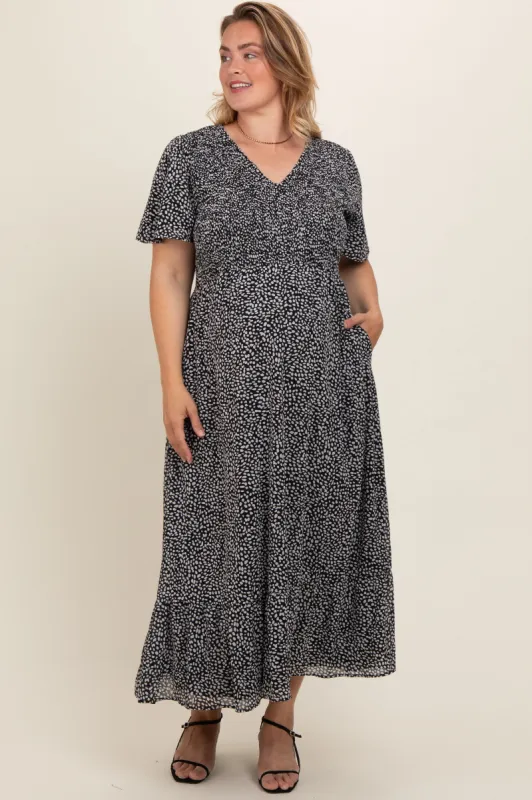 Black Dotted Smocked V-Neck Short Sleeve Maternity Plus Maxi Dress sold by Pinkblush