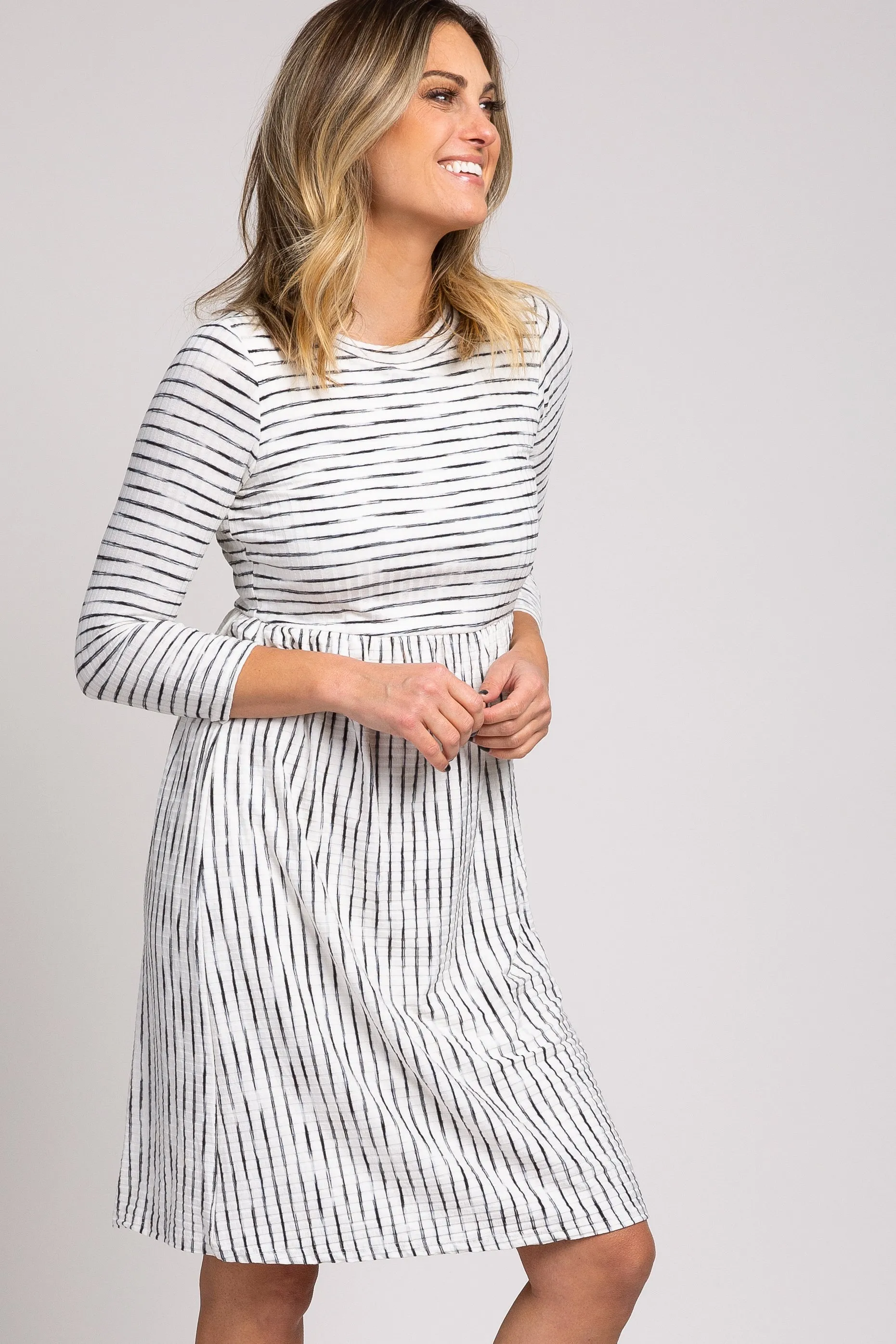 Ivory Ribbed Striped Pleated Midi Dress sold by Pinkblush product image thumbnail 3