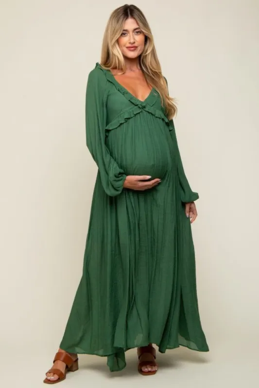 Hunter Green Long Sleeve Ruffle Accent Maternity Maxi Dress sold by Pinkblush
