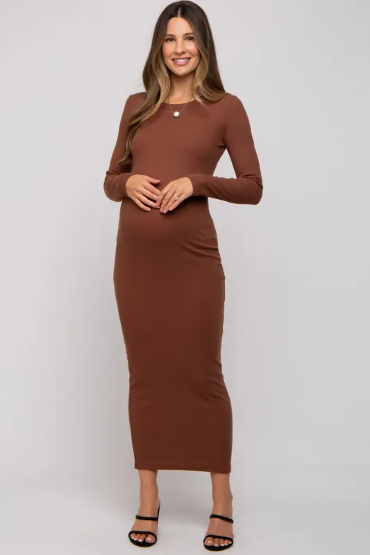 Brown Ribbed Fitted Long Sleeve Maternity Midi Dress sold by Pinkblush