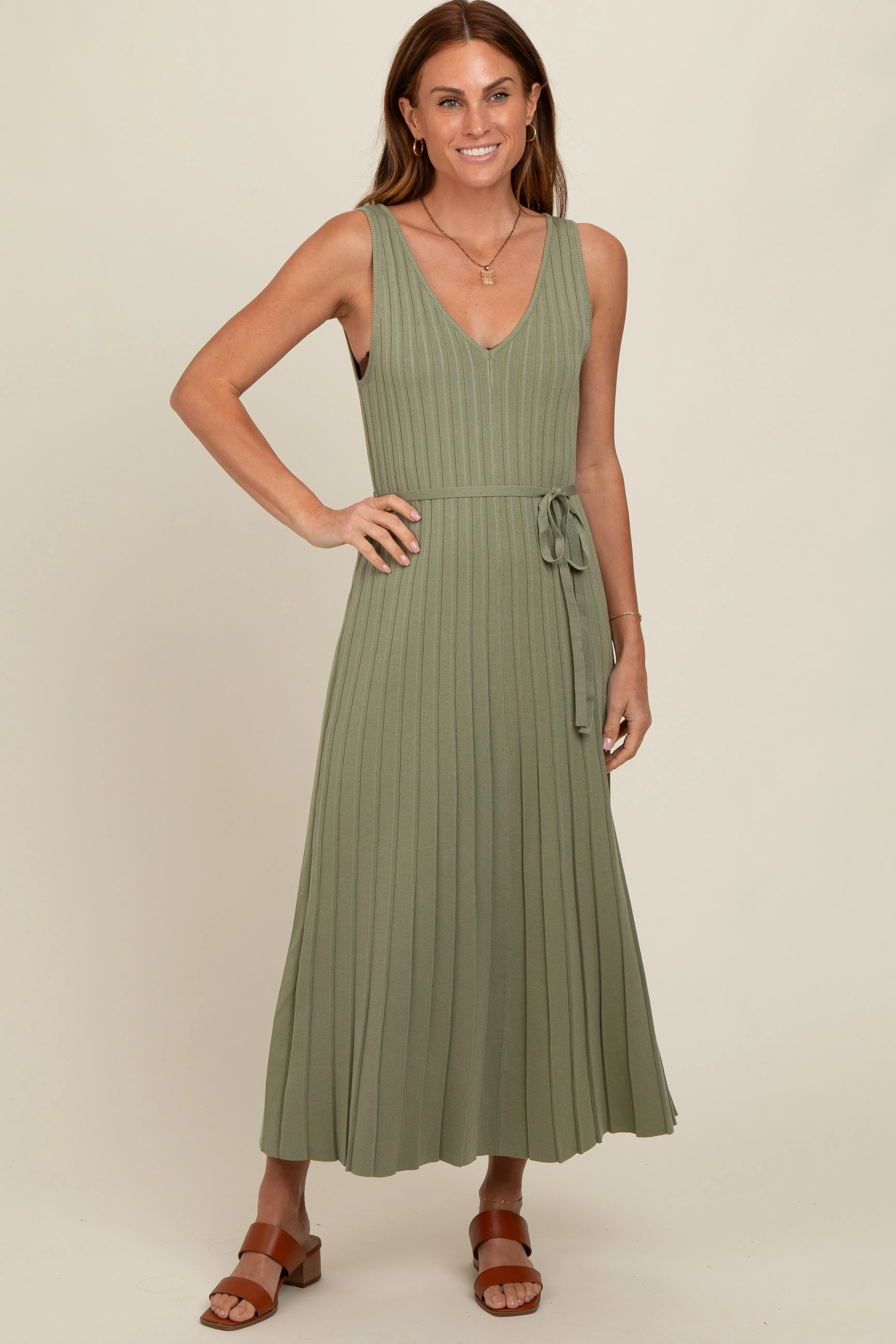 Light Olive Pleated V-Neck Waist Tie Sweater Maxi Dress sold by Pinkblush product image thumbnail 2