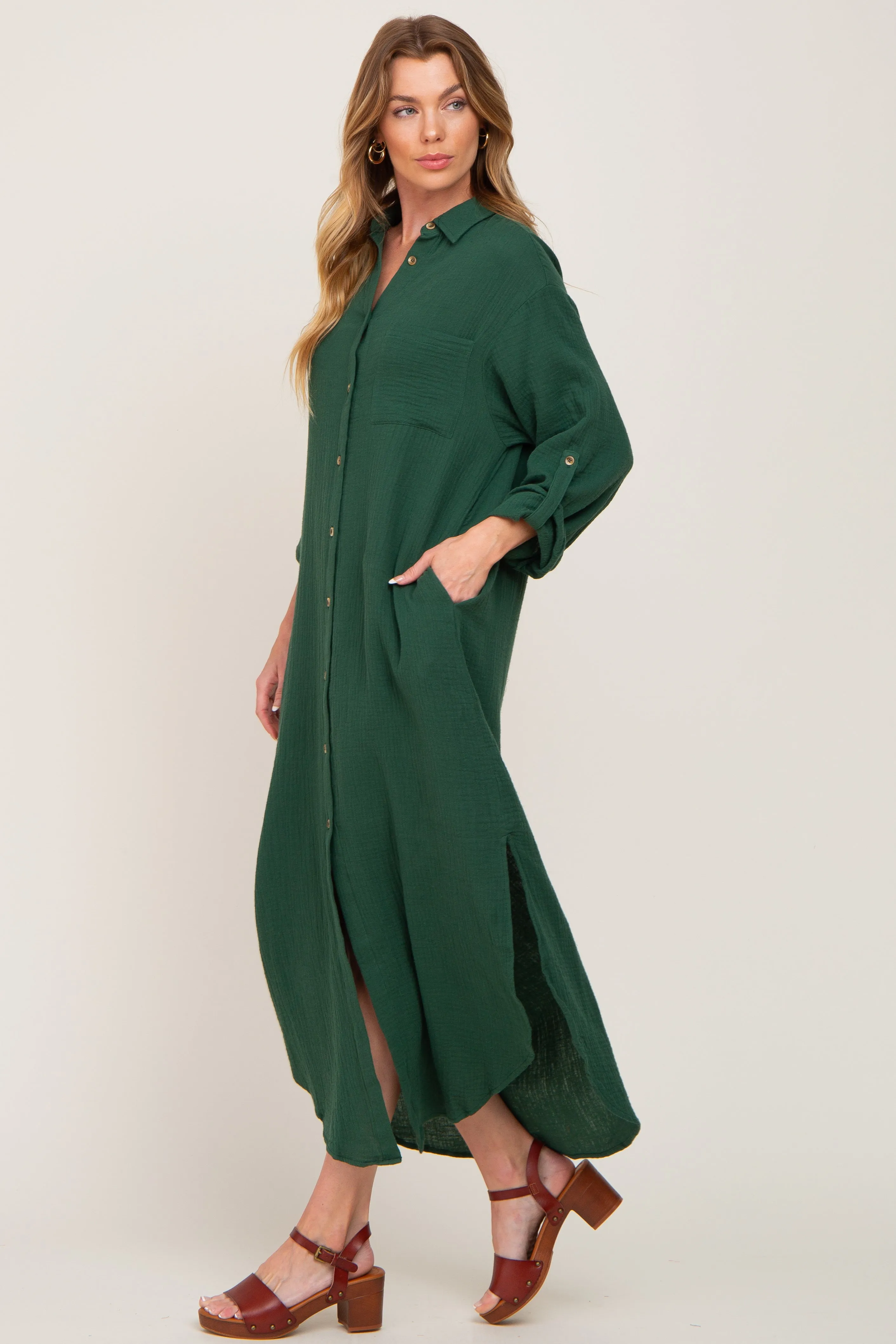 Forest Green Button Down 3/4 Sleeve Midi Dress sold by Pinkblush product image thumbnail 2