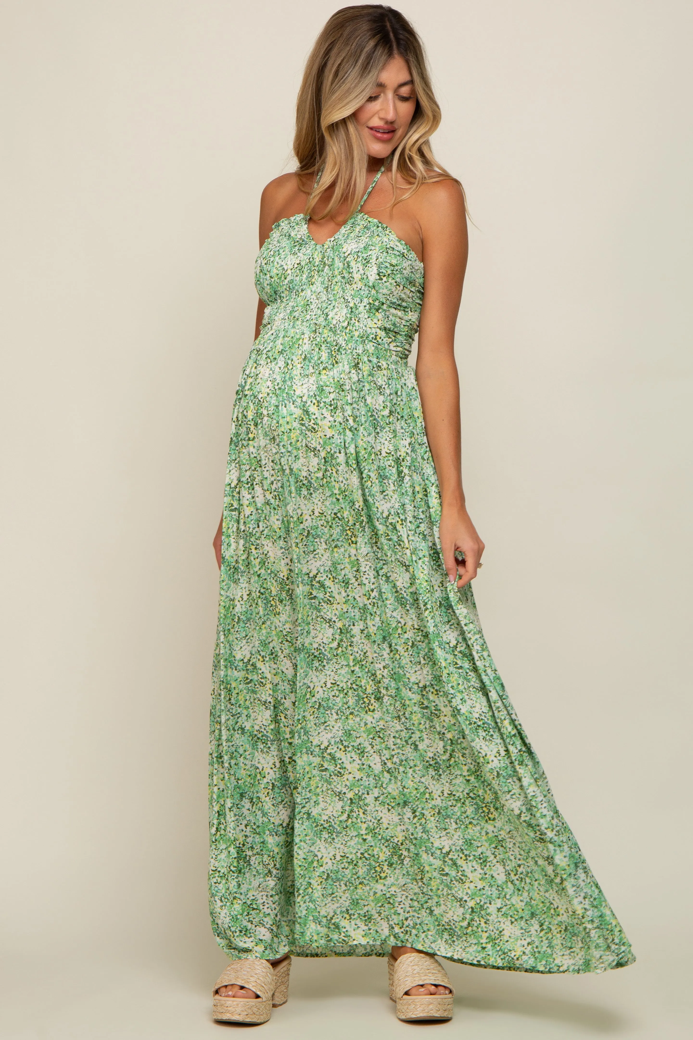 Green Floral Halter Neck Maternity Maxi Dress sold by Pinkblush product image thumbnail 4